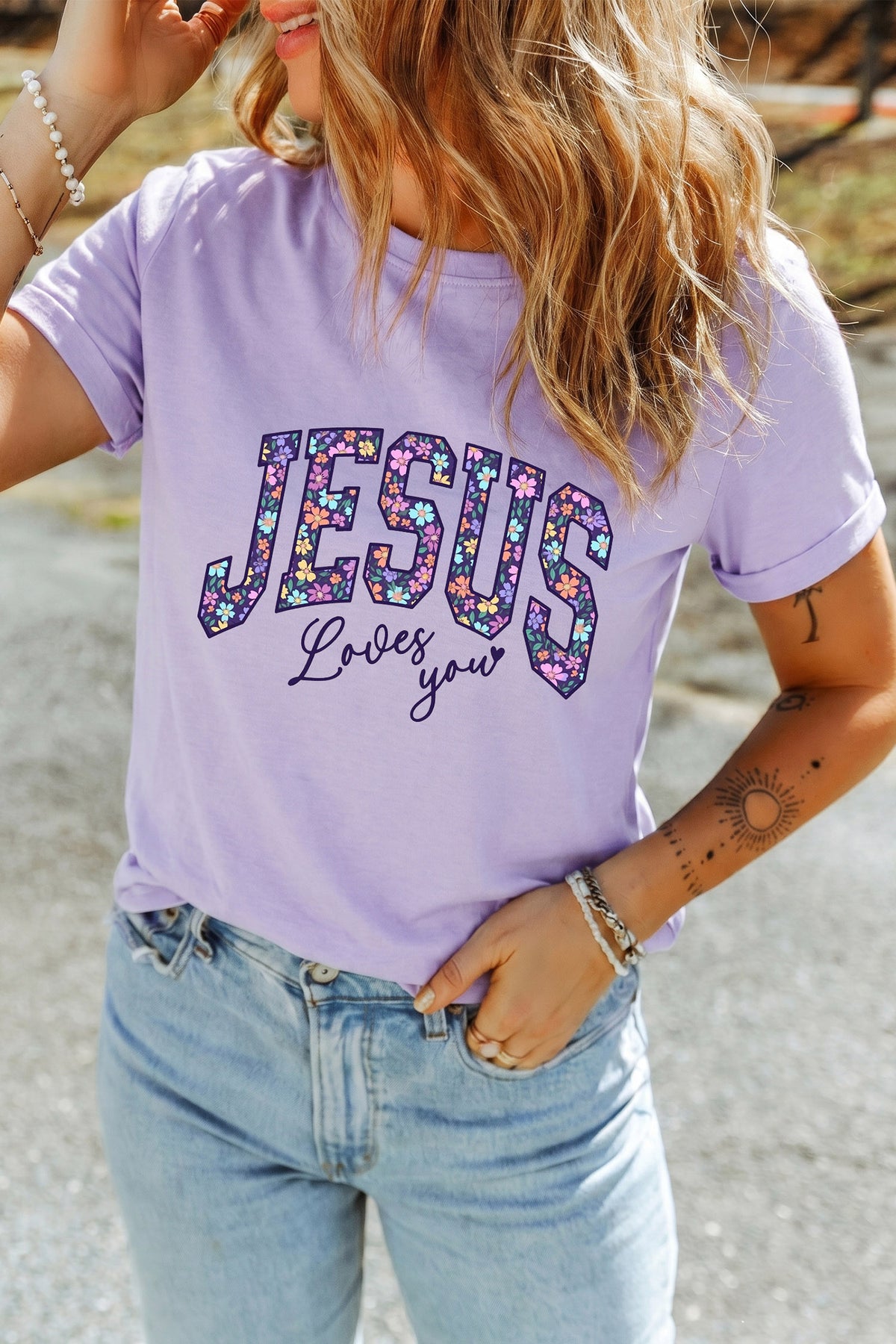 Orchid Petal Christian Floral Letter Graphic Round Neck T-Shirt