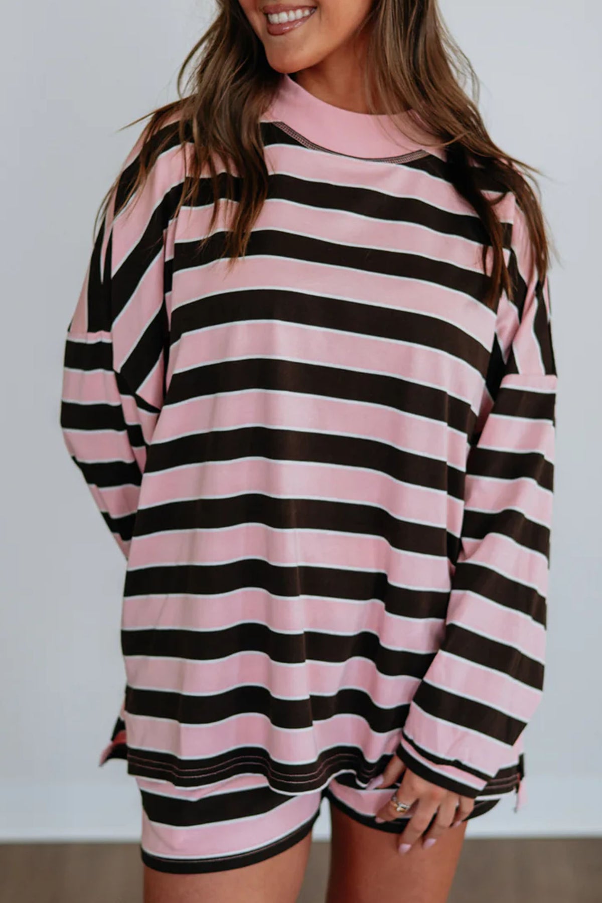 Pink Stripe Oversized Top and Elastic Waist Shorts Set