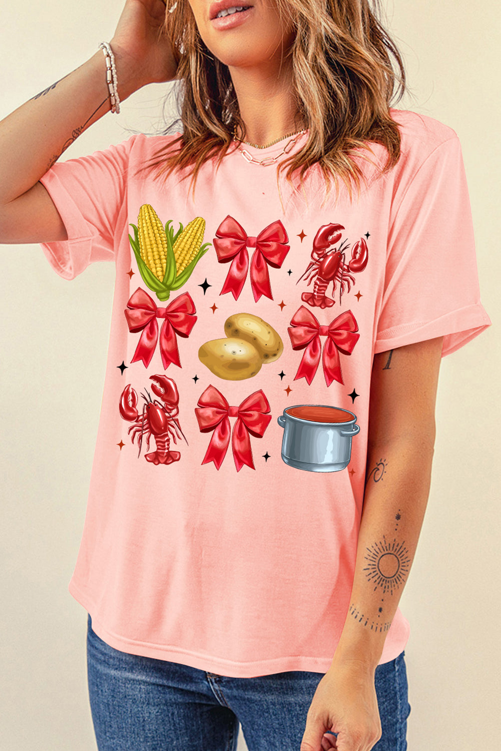 Pink Summer Food Bow Crawfish Printed T-Shirt