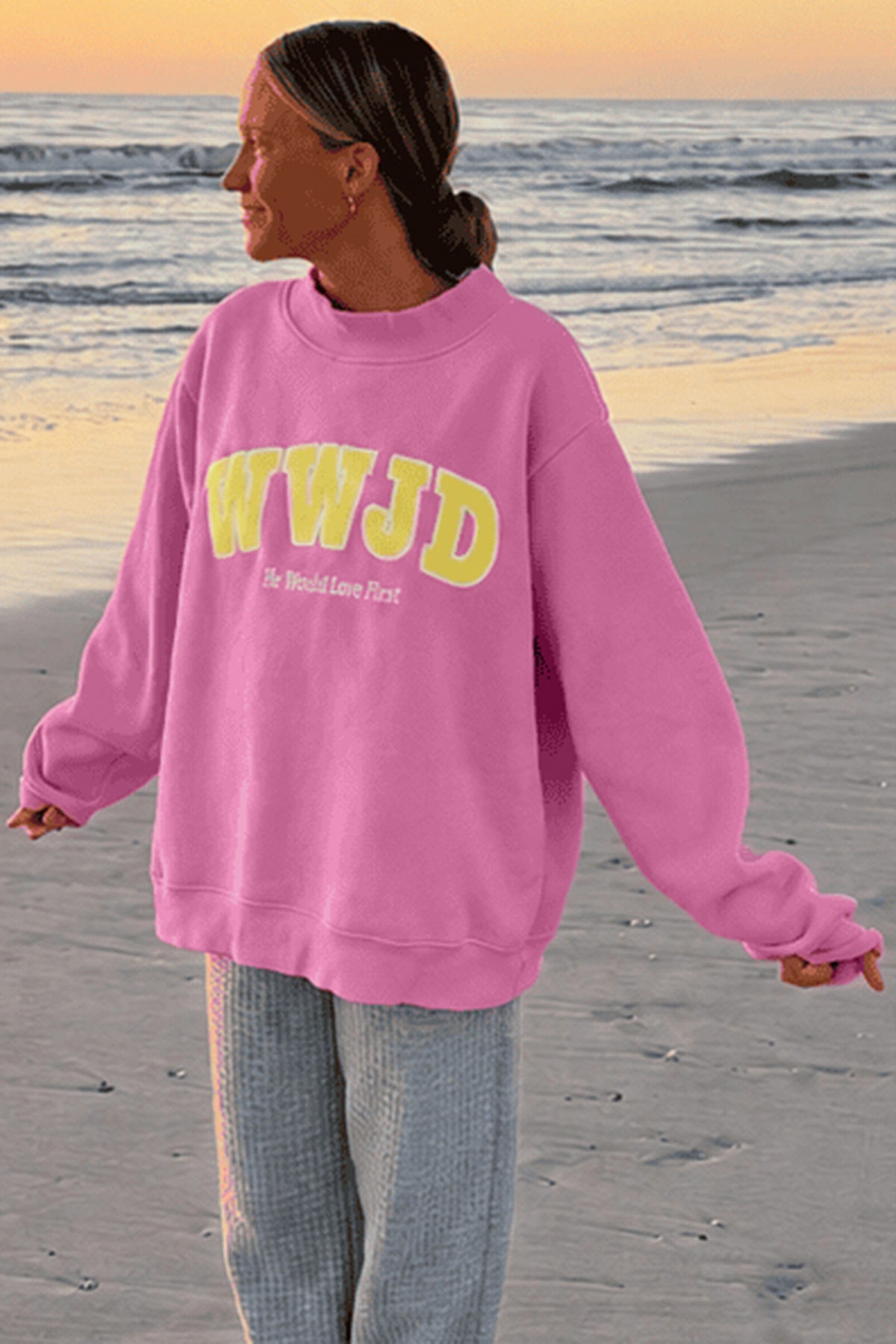 Pink WWJD Embroidered Crewneck Sweatshirt