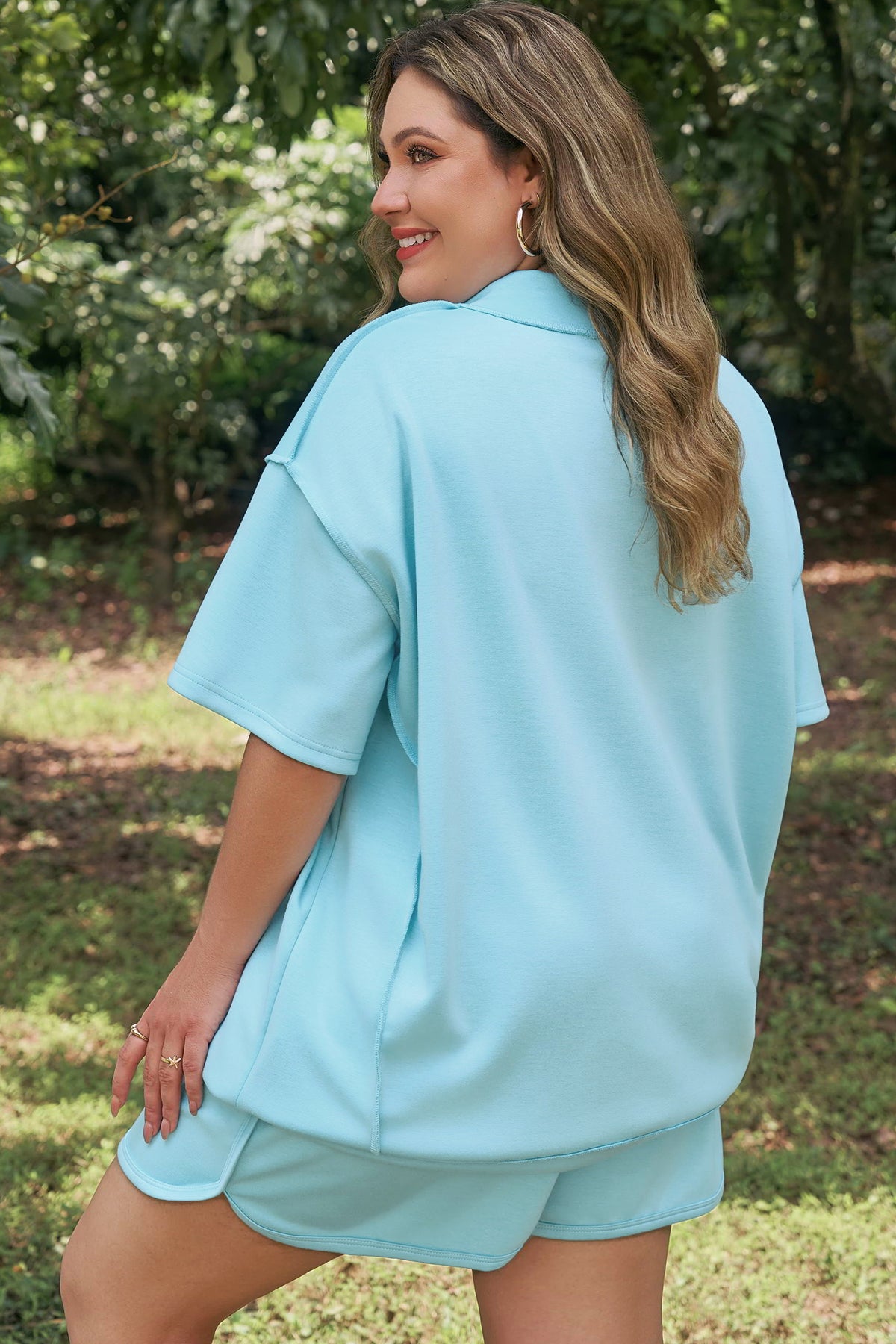 Mist Blue Solid Color Mock Neck Half Sleeve Top Plus Size 2pcs Shorts Set