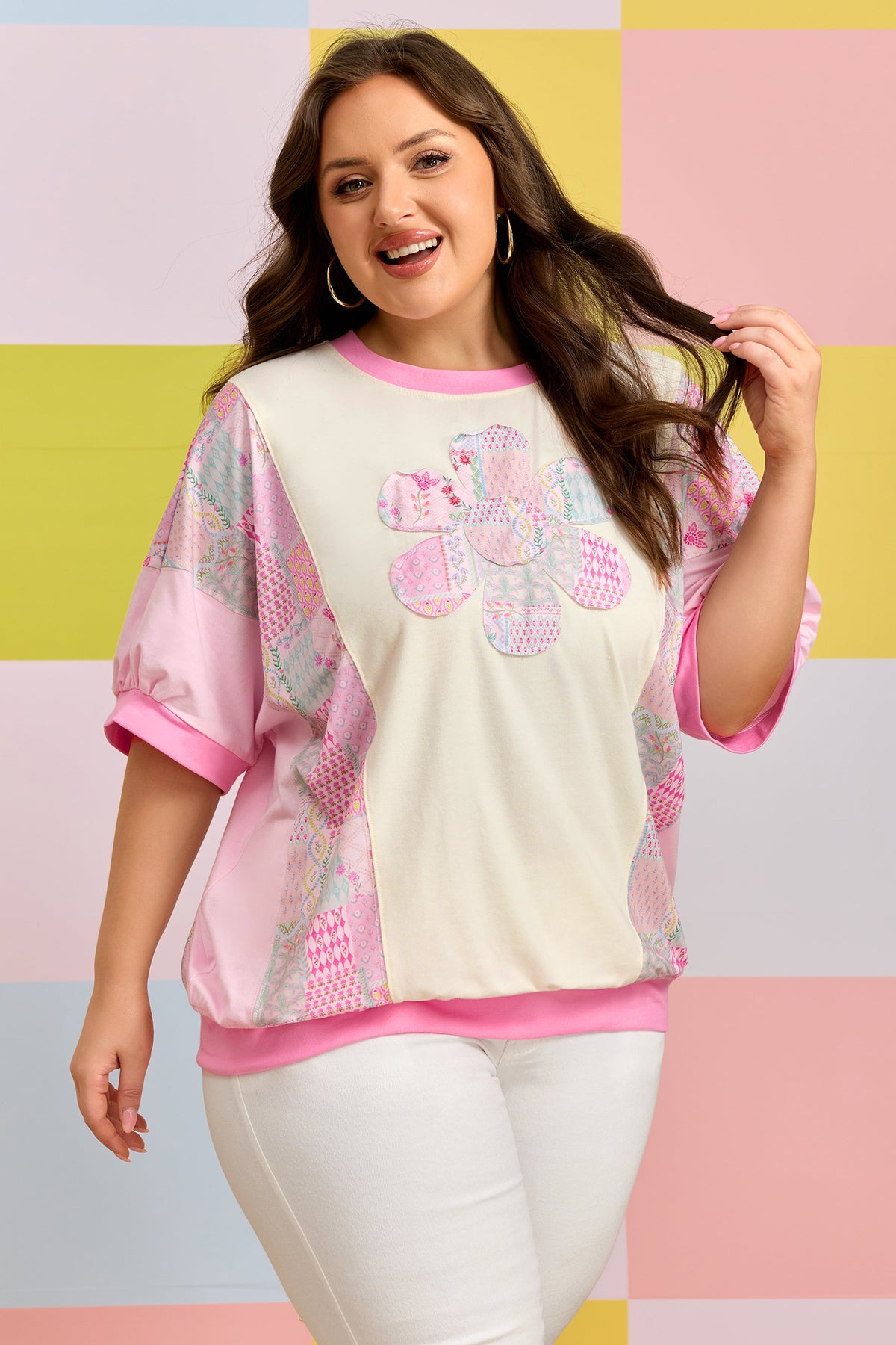 Beige Plus Size Floral Patchwork Short-Sleeve Patch Embroidery Cotton T-Shirt
