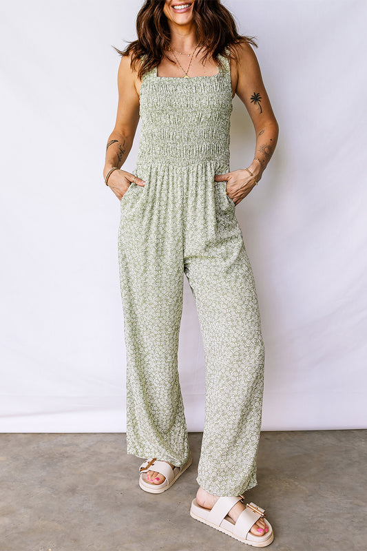 Green Smocked Bodice Square Neck Sleeveless Floral Jumpsuit