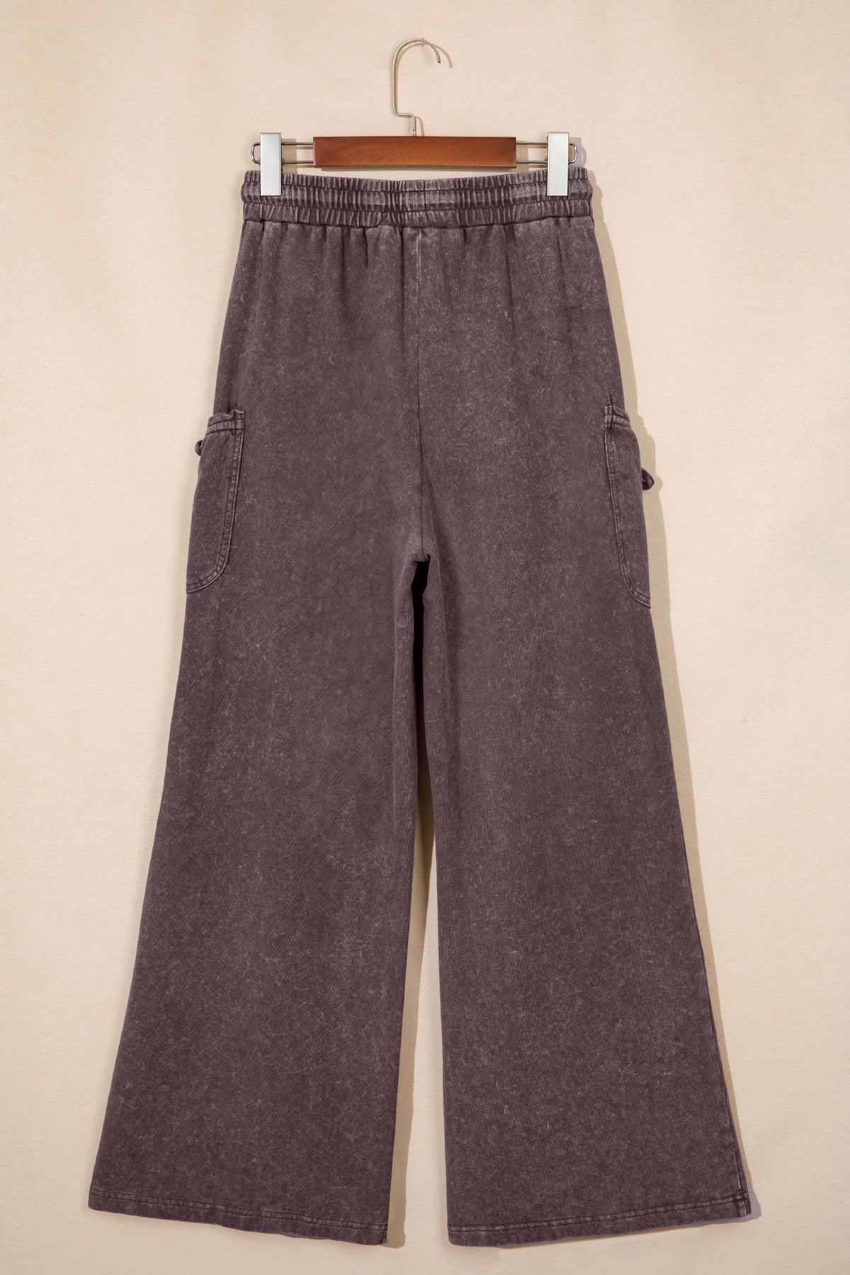 Dark Brown Cotton Mineral Wash Elastic Waist Drawstring Tie Cargo Pants