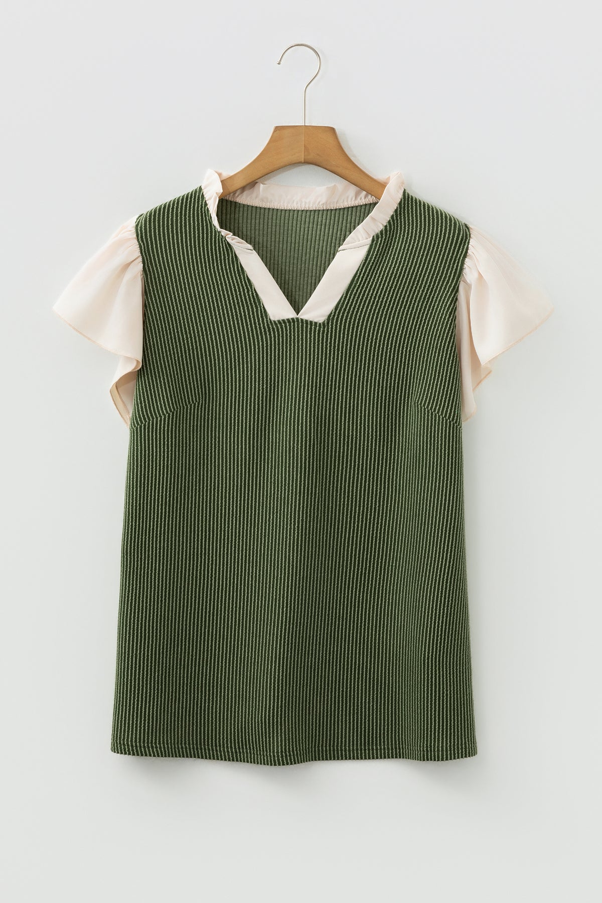 Vineyard Green Plus Size Contrast Frilled Neckline Ruffled Short-Sleeve Ribbed Textured Blouse