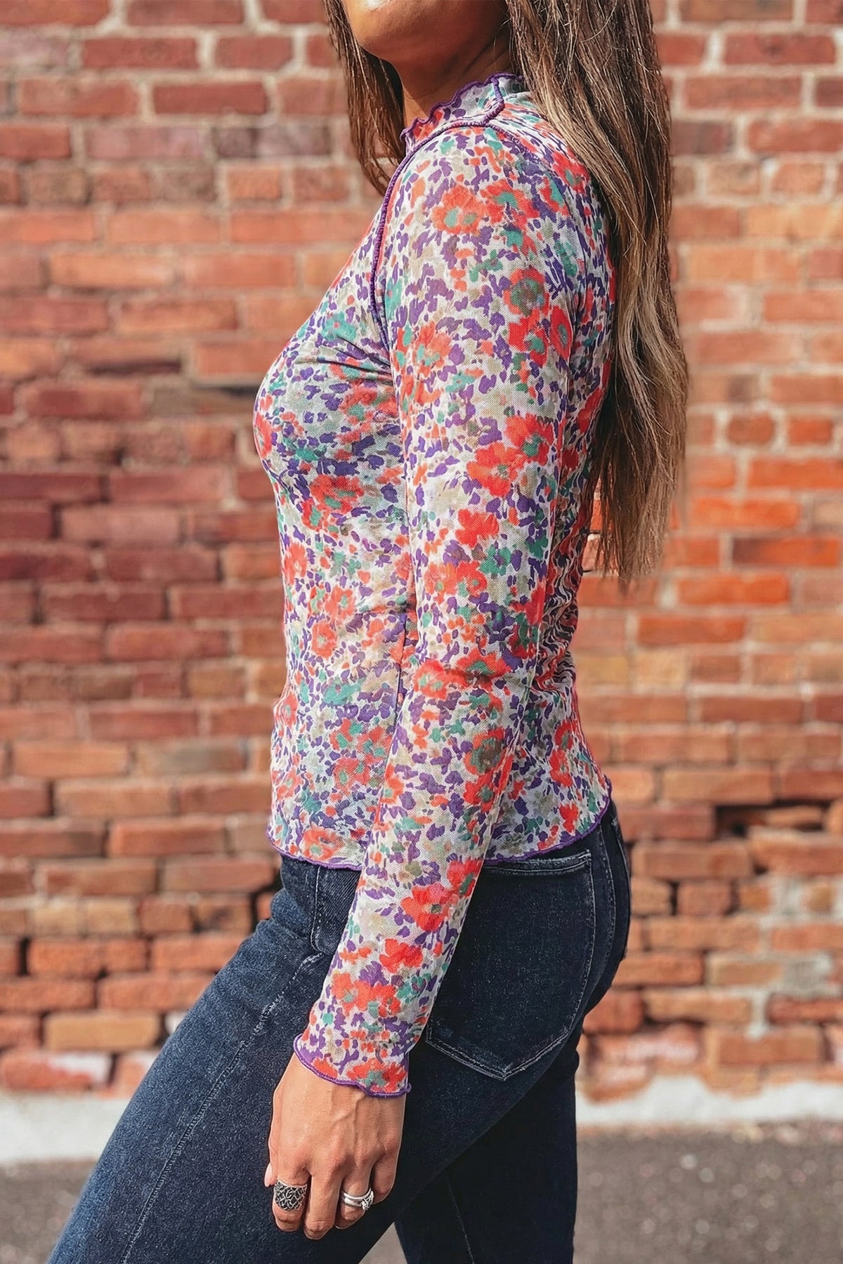 Apricot Floral Print Mesh Long Sleeve Mock Neck Top