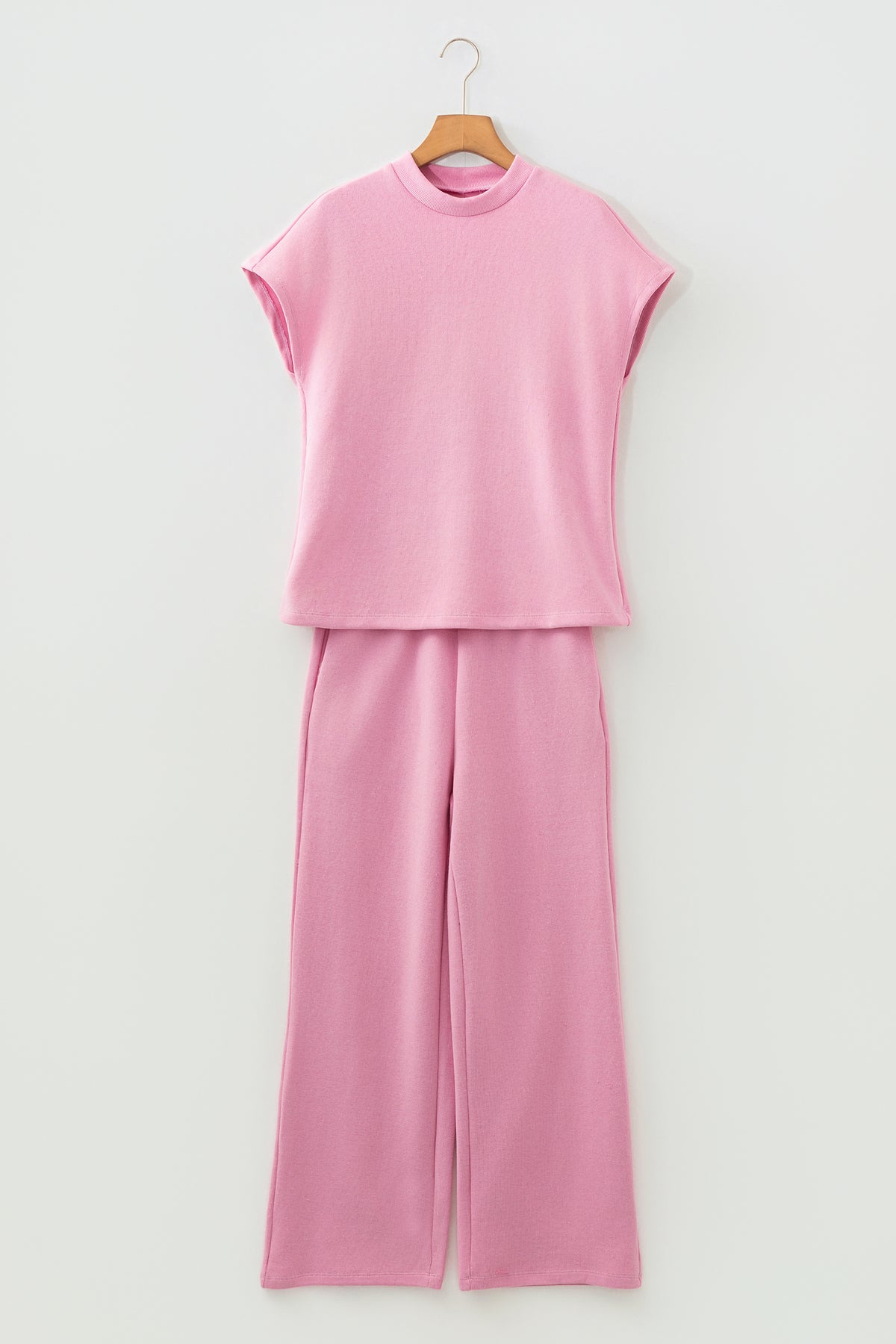 Women's Pink Textured Knit High Neck Tee Pants Two-Piece Set