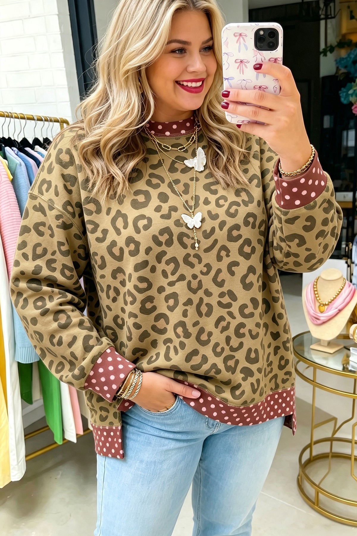 Khaki Plus Size Leopard Print Contrast Polka Dot Trim Long-Sleeve Top