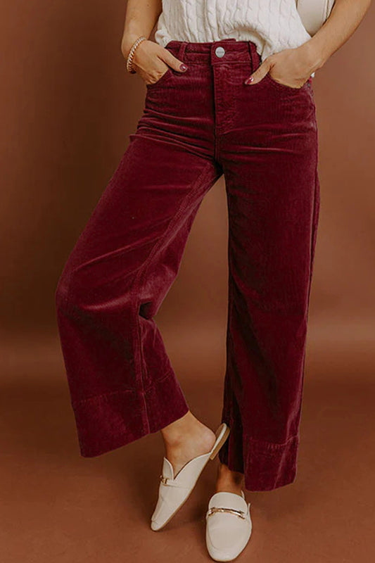 Burgundy Corduroy Solid High Waist Wide Leg Pants