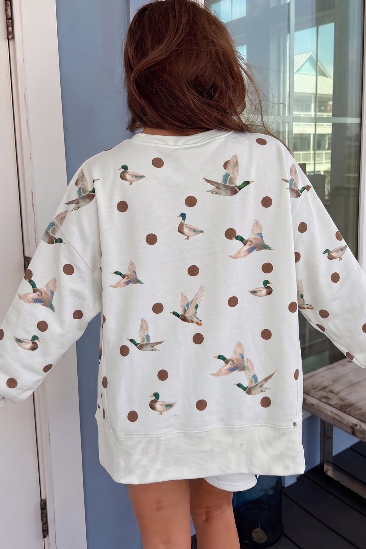 White Polka Dot Mallard Print Pullover and Shorts Set