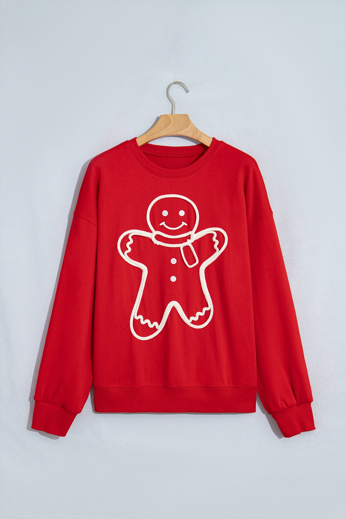 Fiery Red Christmas Embroidered Long Sleeve Loose Fit Sweatshirt