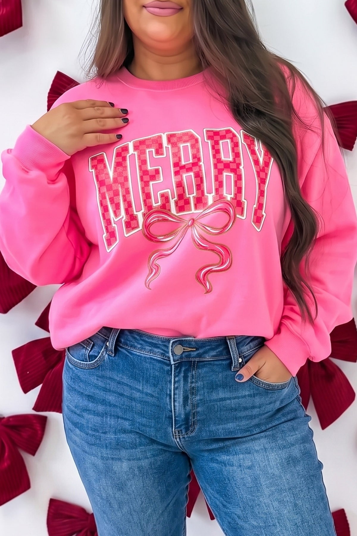Bonbon Pink Checkered Christmas Slogan Plus Size Sweatshirt