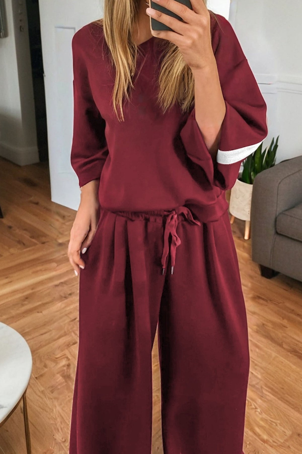 Women's Burgundy Varsity Striped Long-Sleeve Pullover Sweatpants Set