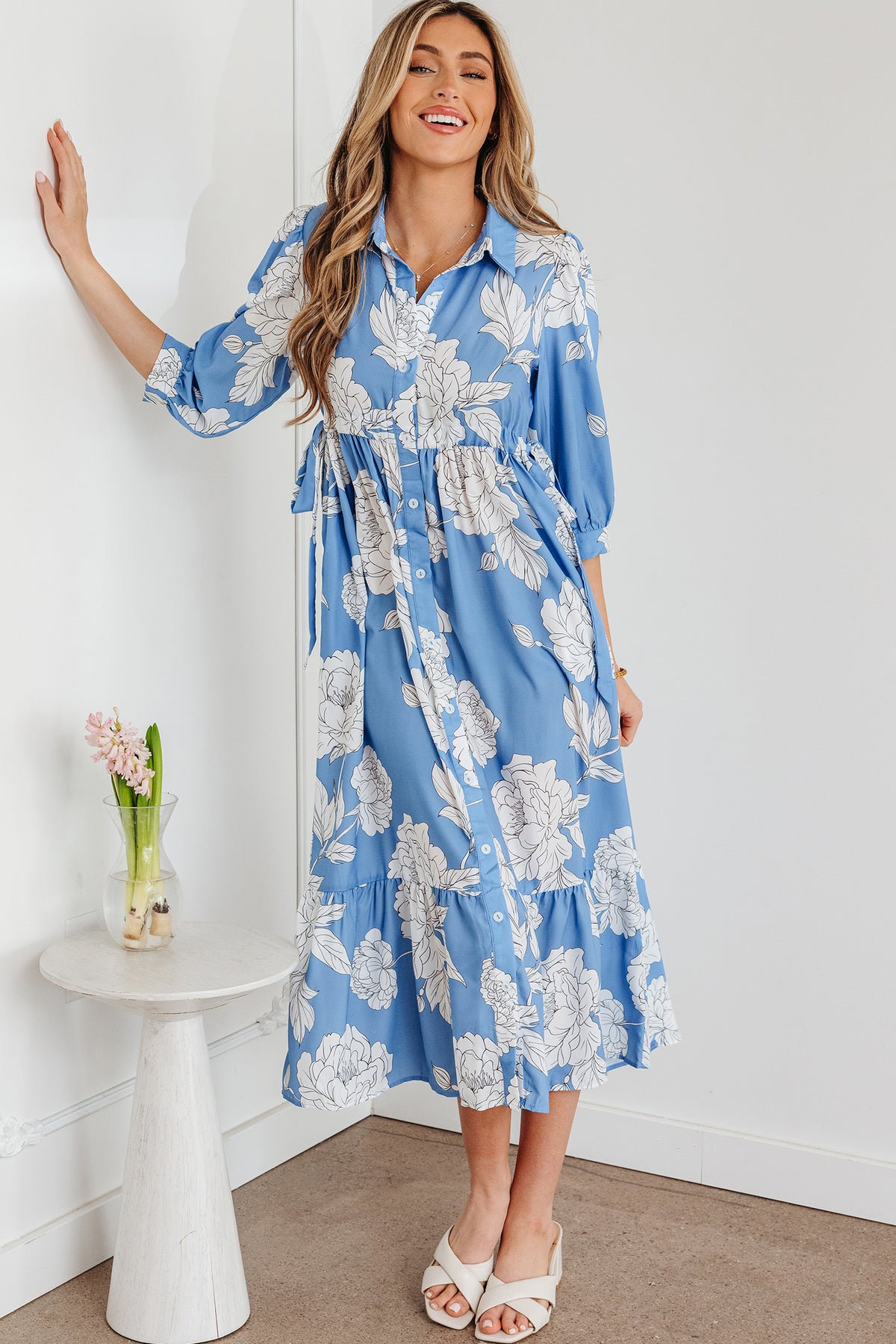 Sky Blue Floral Print Shirt Collar 3/4 Sleeve Ruffle Hem Long Dress
