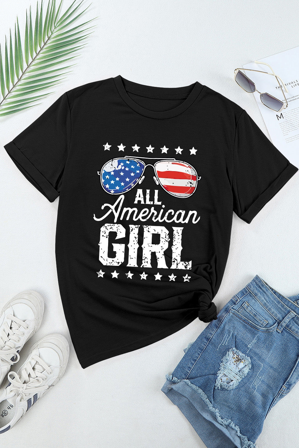Black Stars and Stripes Glasses Slogan Graphic T-Shirt