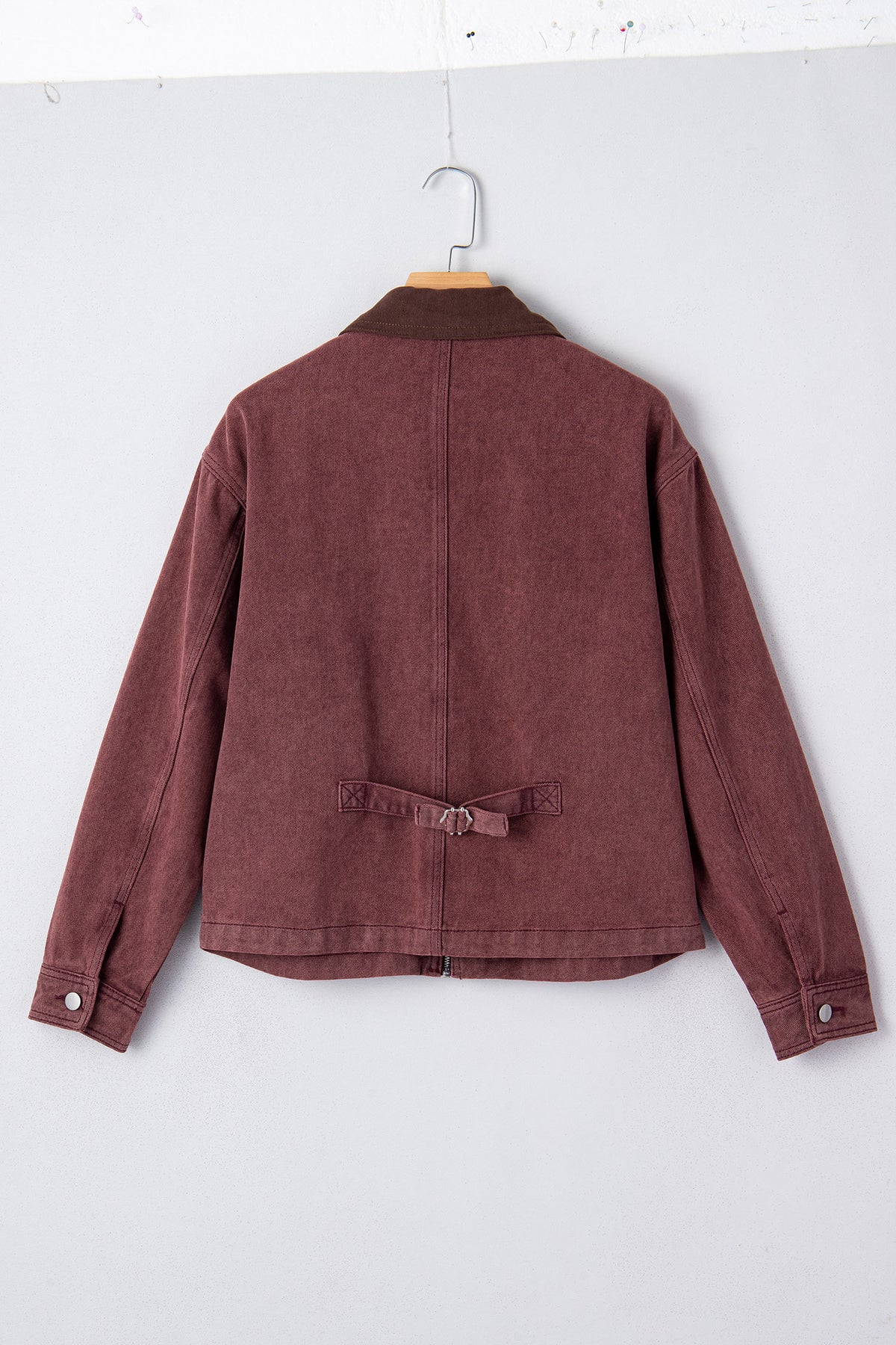 Coffee Corduroy Collar Zipped Front Denim Jacket