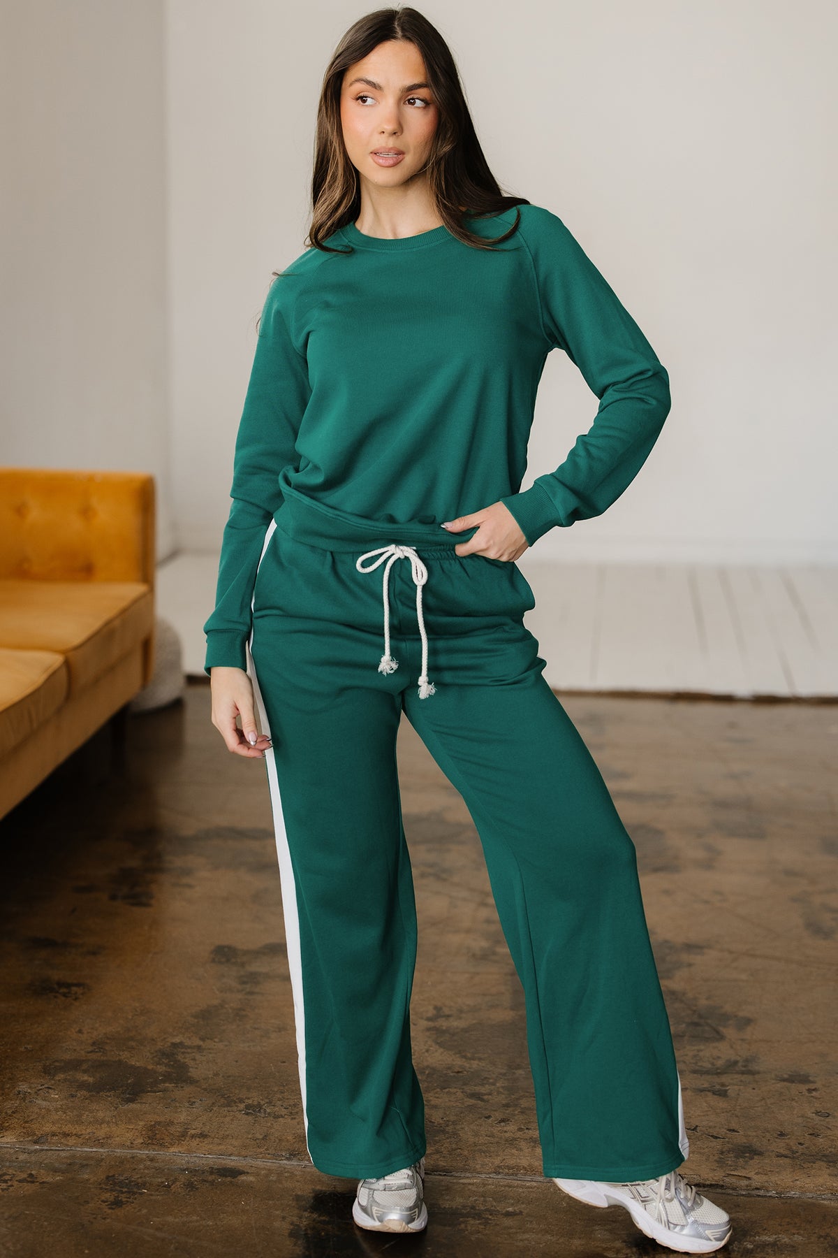 Women's Sea Green Pullover Top Varsity Stripe Detail Pants Set