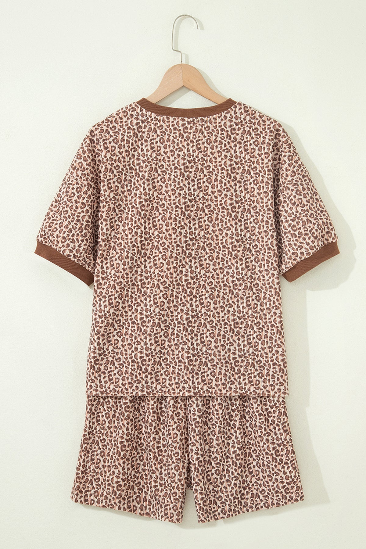 Women's Brown Leopard Print Ribbed Patchwork Half Button Tee Short Two-Piece Set
