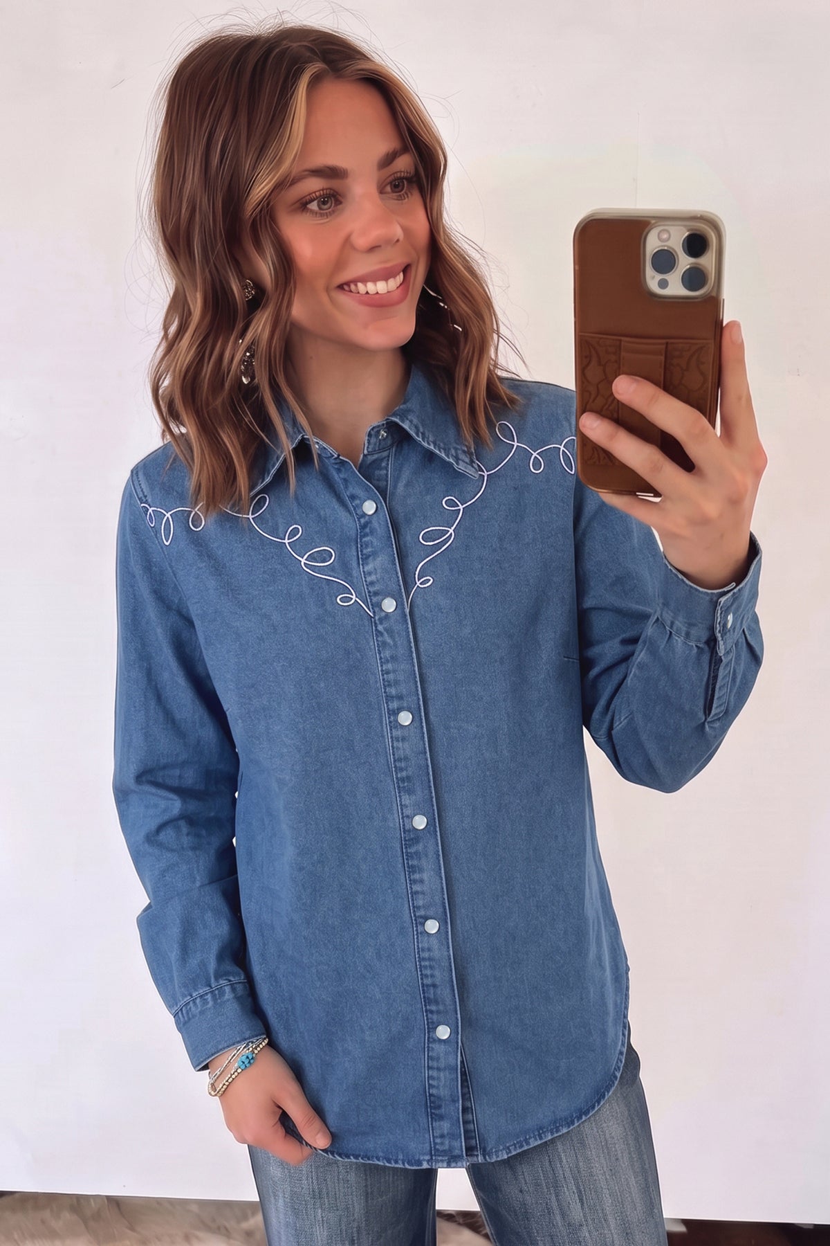 Dusk Blue Western Embroidered Collar Denim Shirt