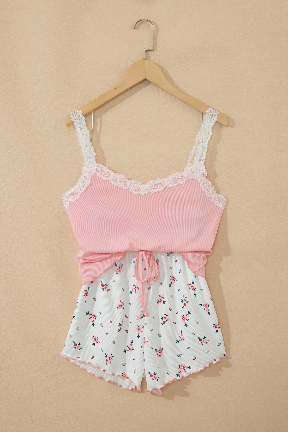 Pink Ribbed Knit Lace Strap Cropped Top and Floral Shorts Lounge Set