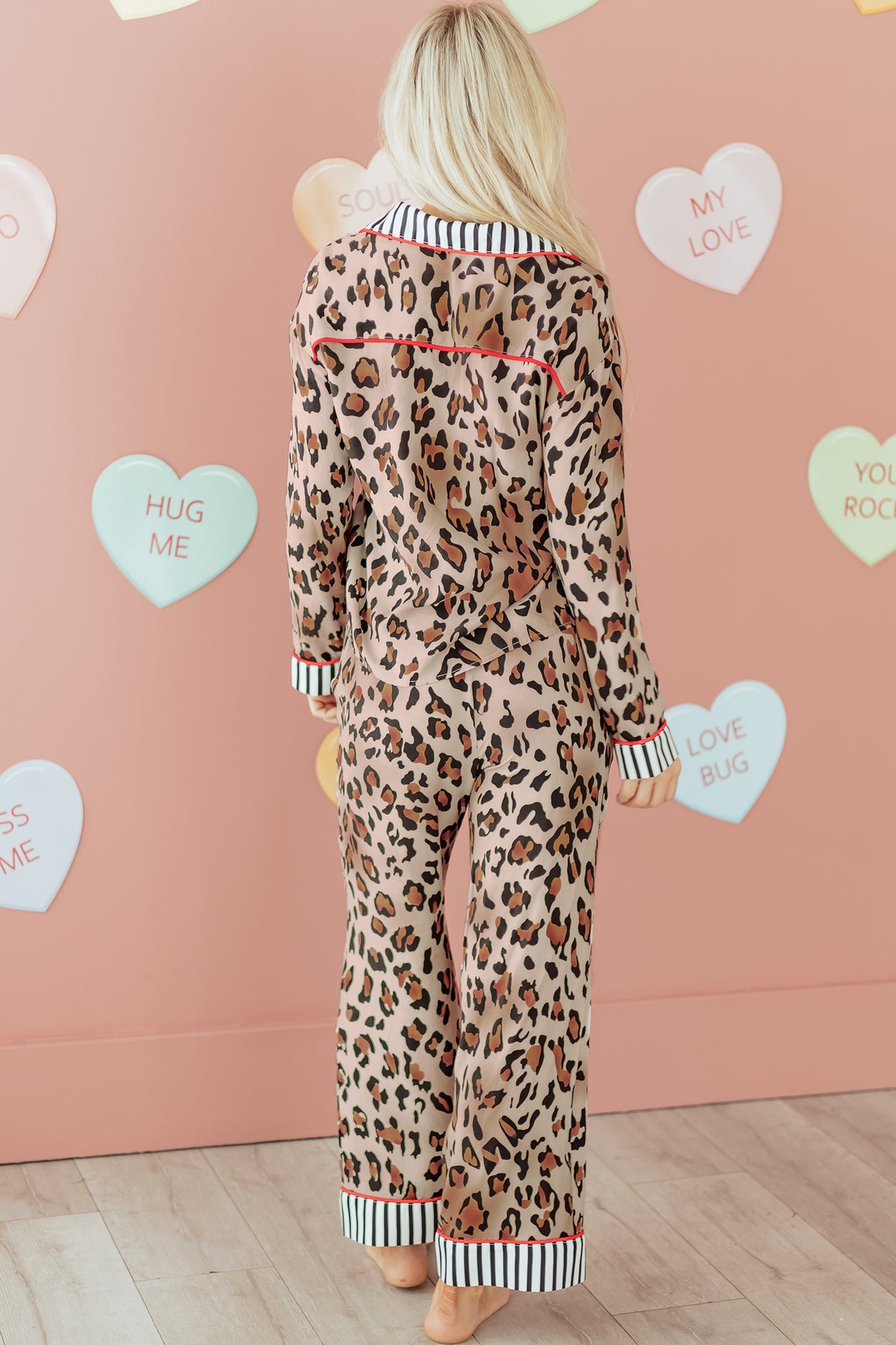 Khaki Leopard Print Colorblock Shirt and Pants Pajama Set