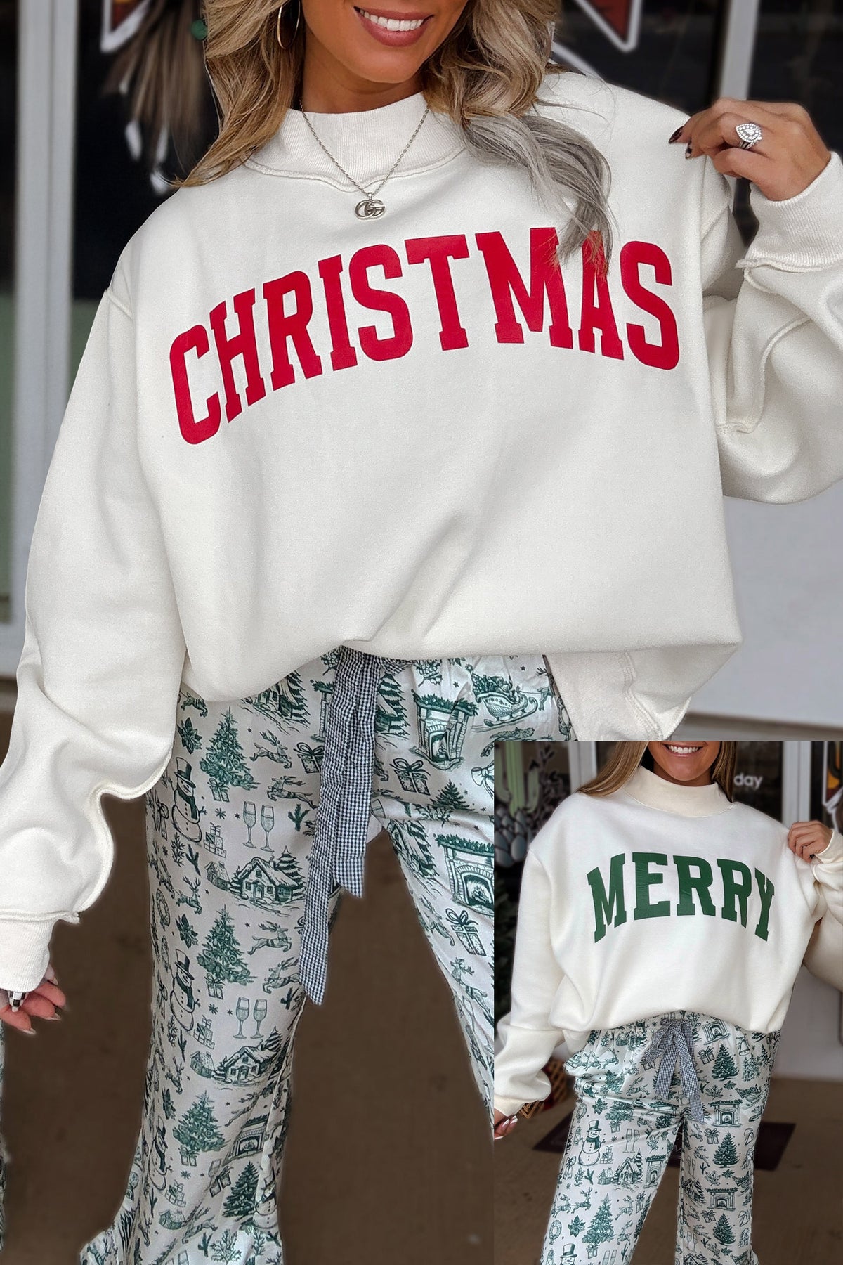 Fiery Red MERRY CHRISTMAS Reversible Print Mock Neck Sweatshirt