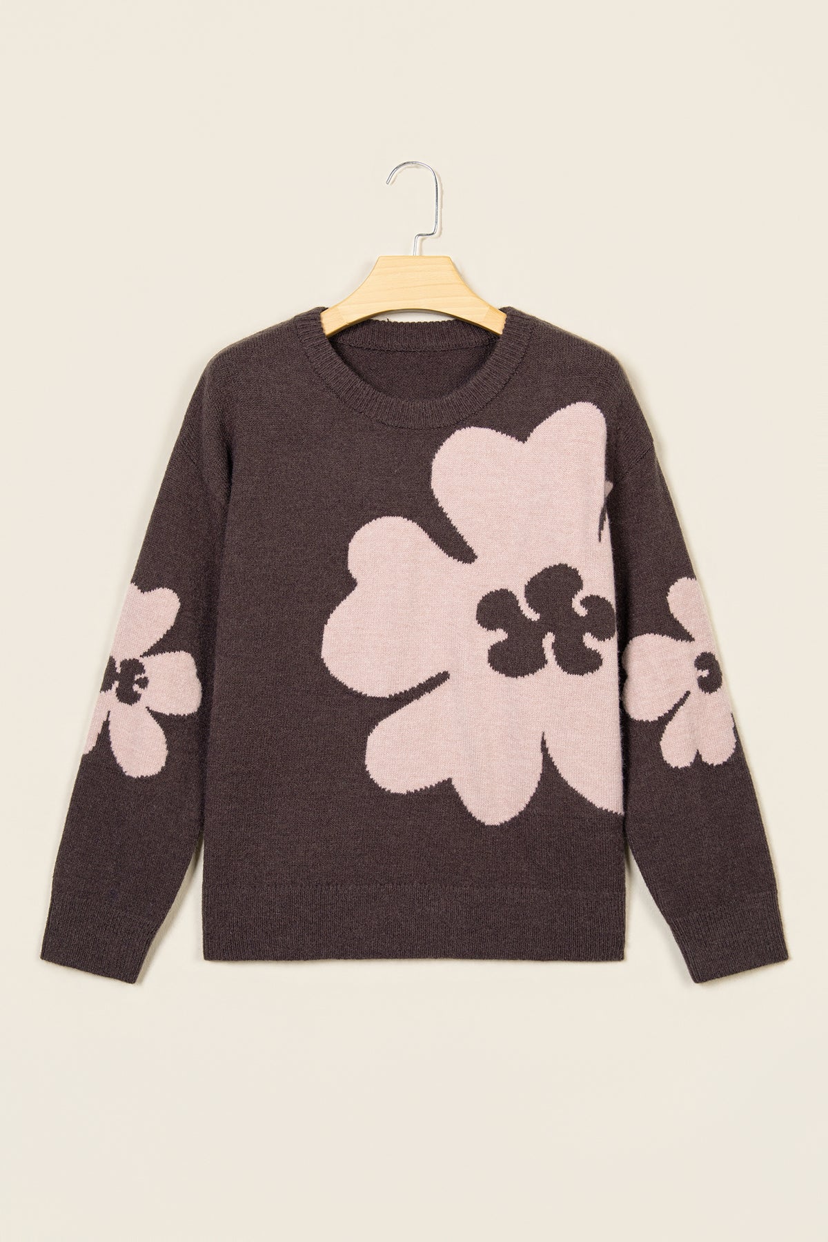 Chicory Coffee Cozy Floral Print Round Neck Dropped Shoulder Sweater
