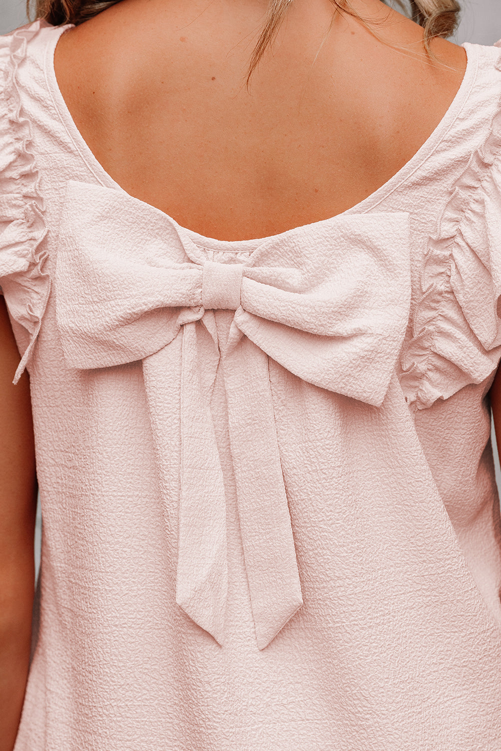 Light Pink Textured Flutter Sleeve Square Neck Bow Back Mini Dress