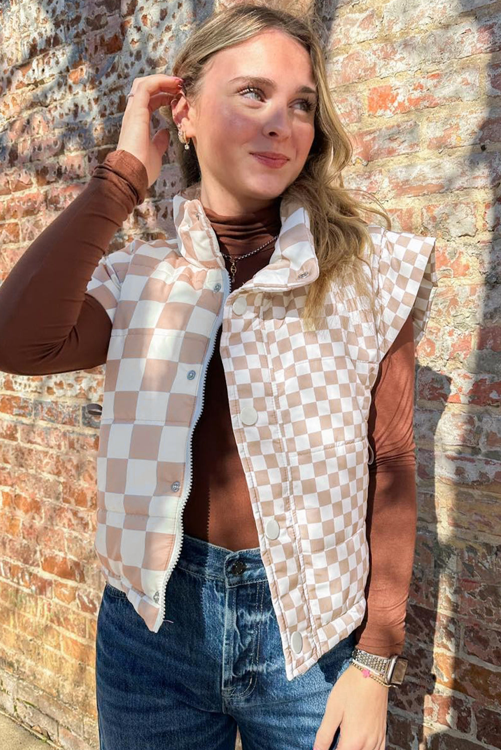 Khaki Contrast Plaid Quilted Button Zip Up Vest