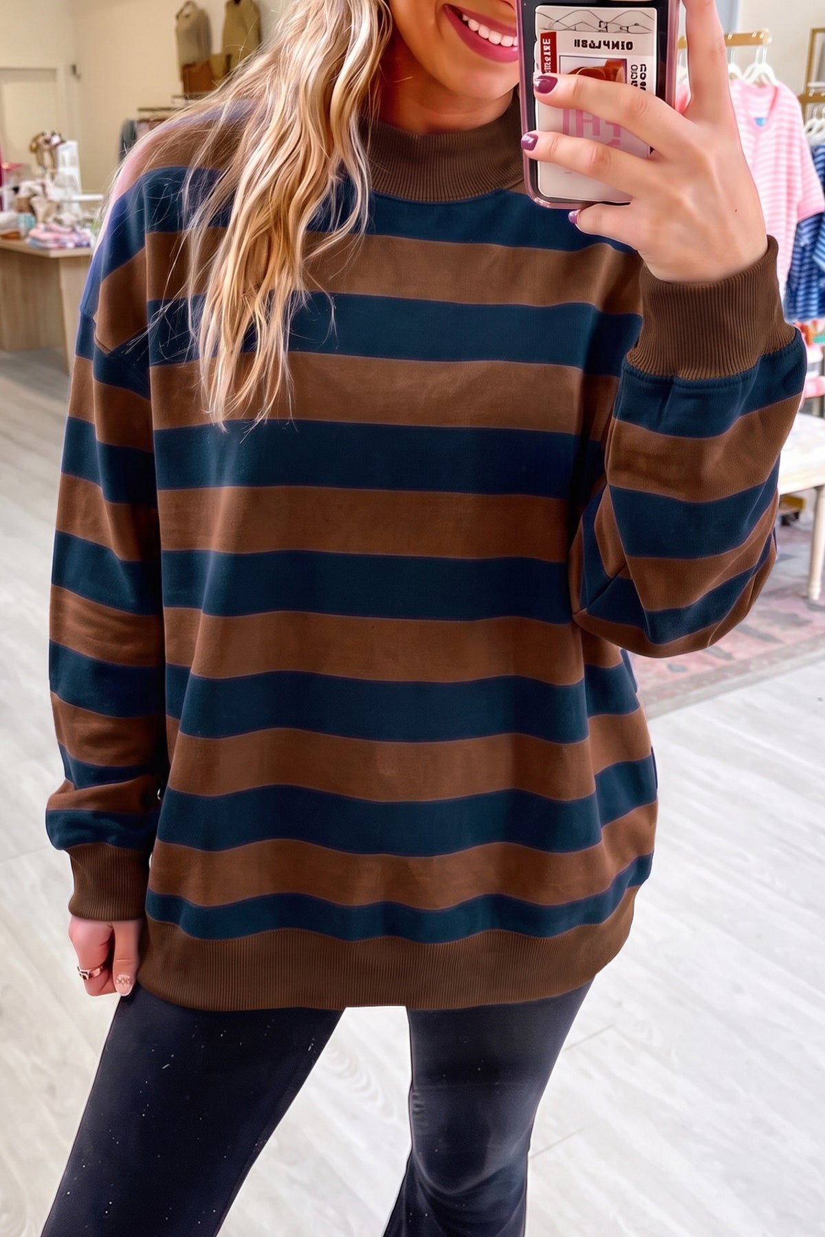 Orange Stripe Colorblock Mock Neck Sweatshirt