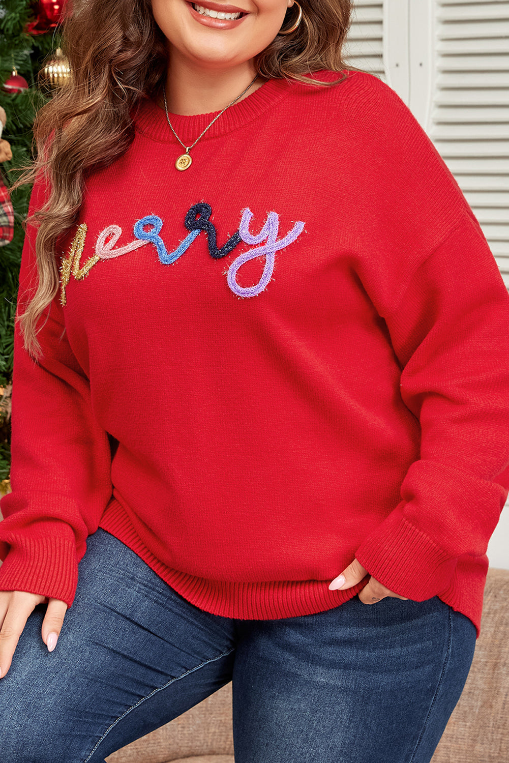 Fiery Red Tinsel merry Pattern Drop-Shoulder Plus Size Sweater