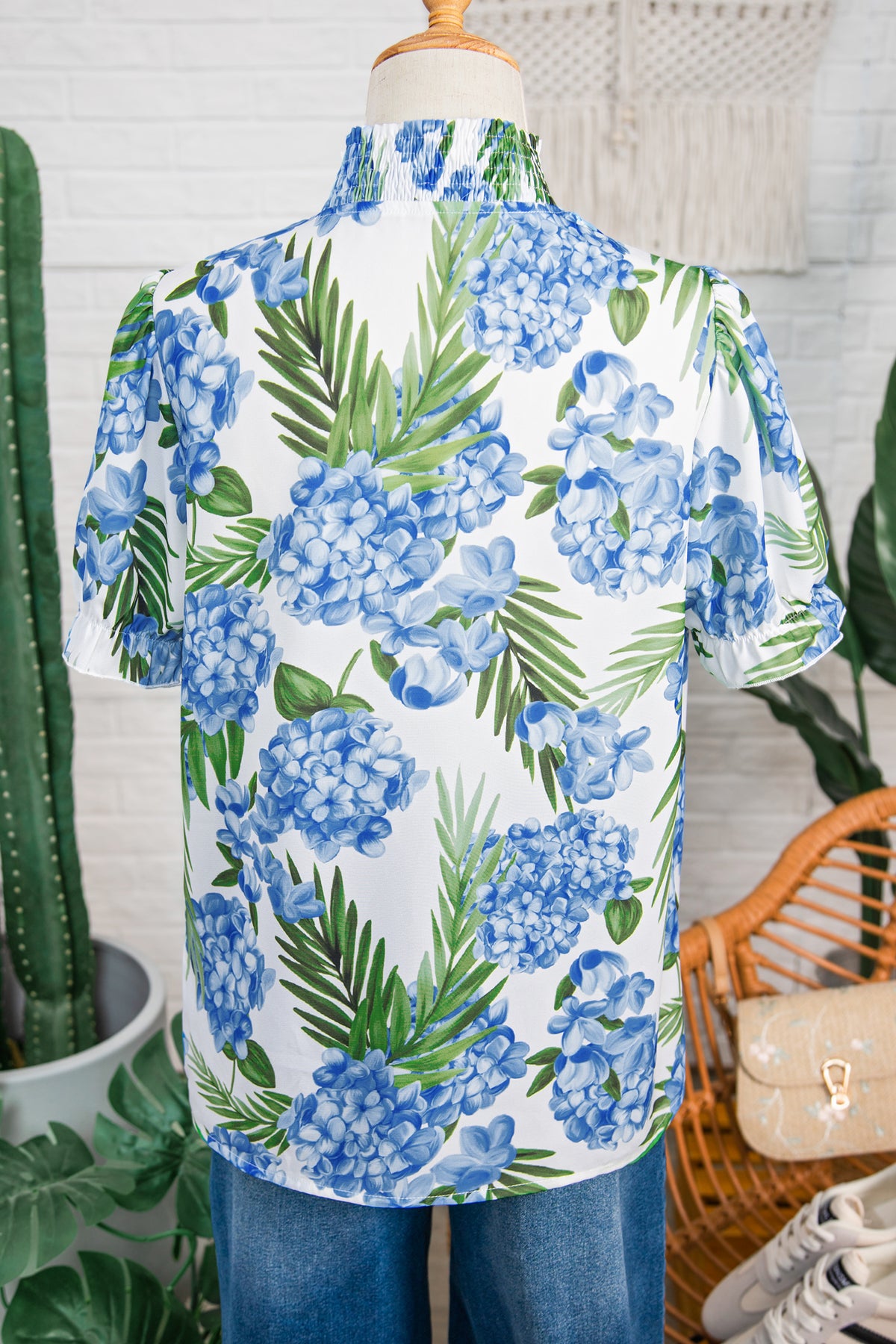 Sky Blue Palm Floral Striped Patchwork V Neck Short Sleeve Blouse
