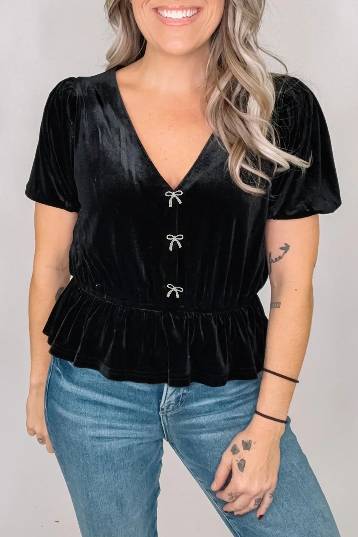 Black V Neck Bow Decoration Peplum Hem Short Sleeve Blouse