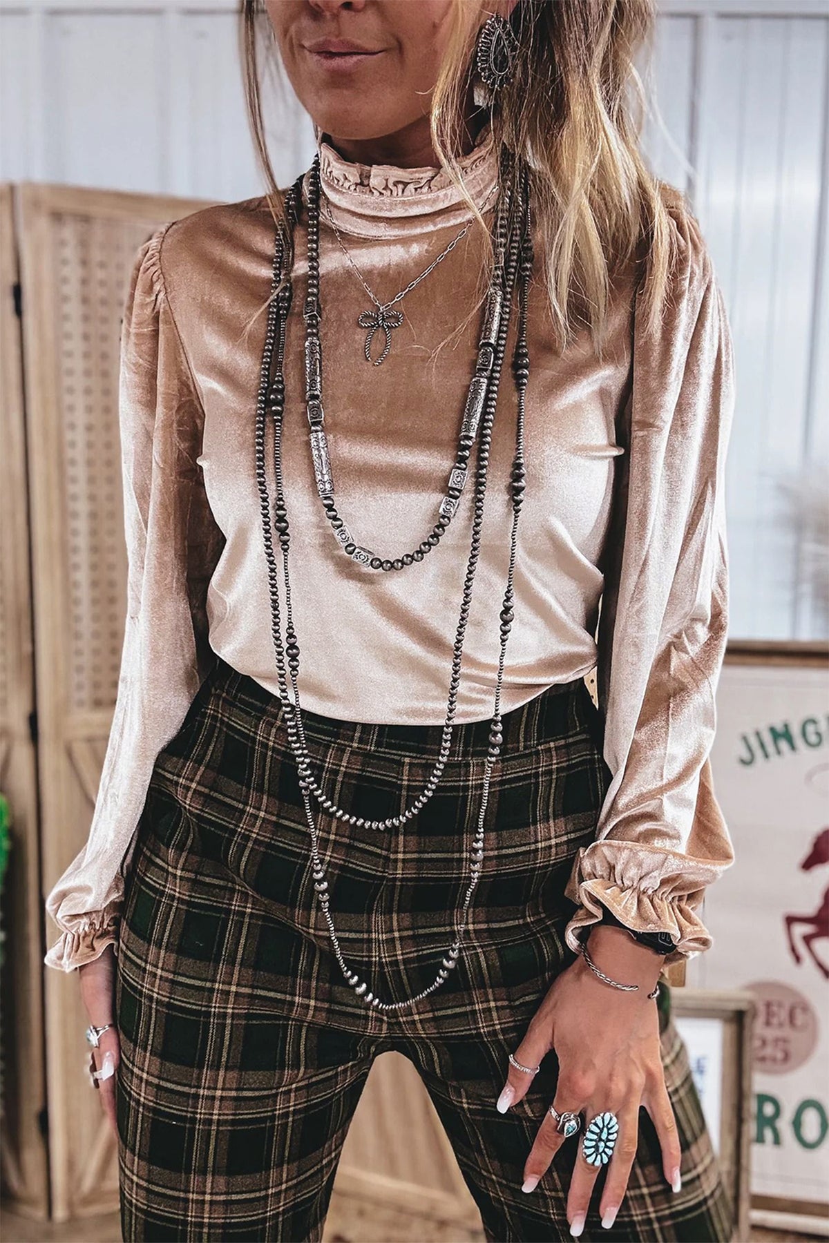 Smoke Gray Western Style Stand Neck Velvet Top