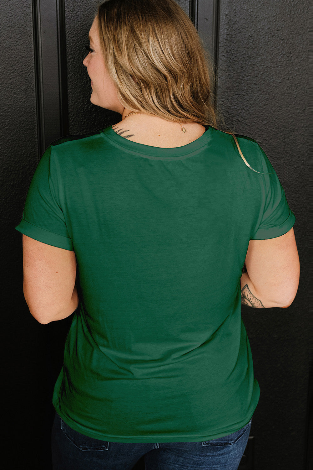 Dark Green Round-Neck Rolled Sleeve Plus Size T-shirt