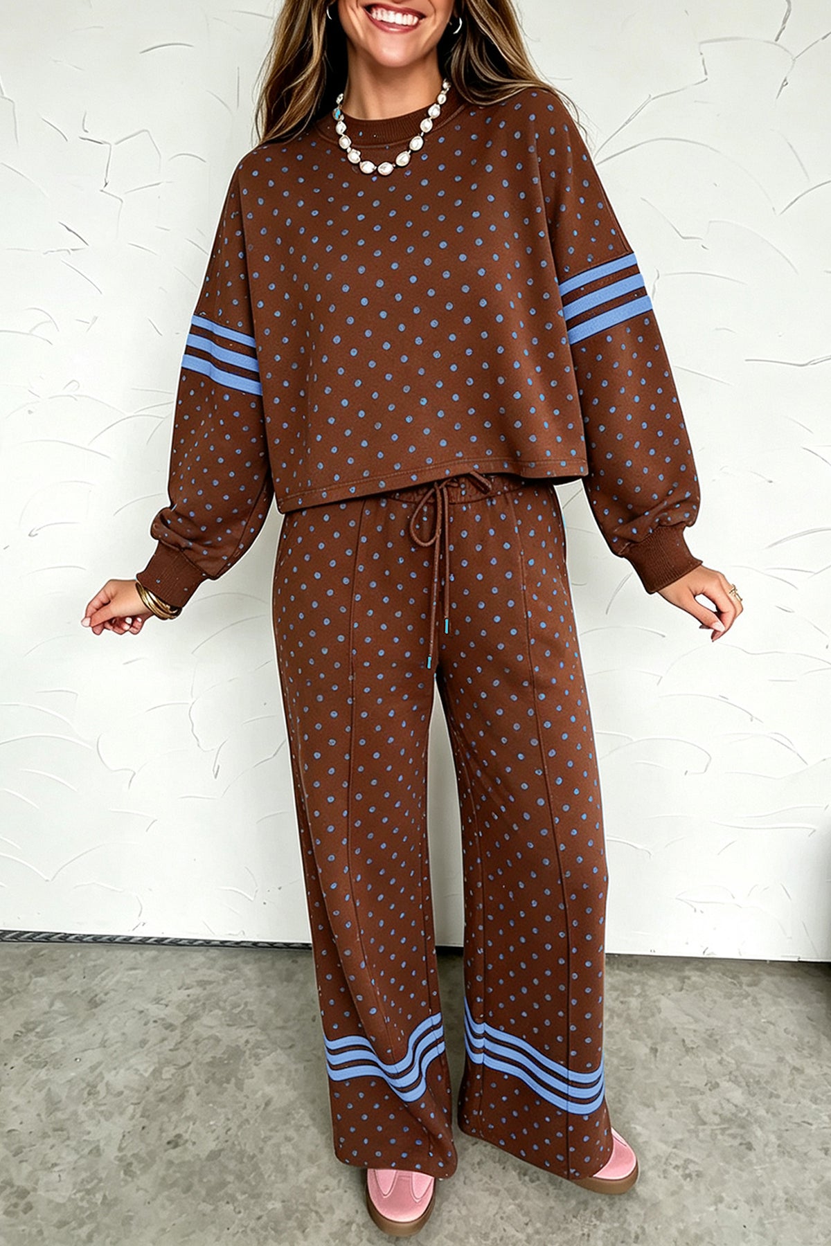 Women's Brown Polka Dot Print Colorblock Stripes Detail Relaxed Two-Piece Pants Set