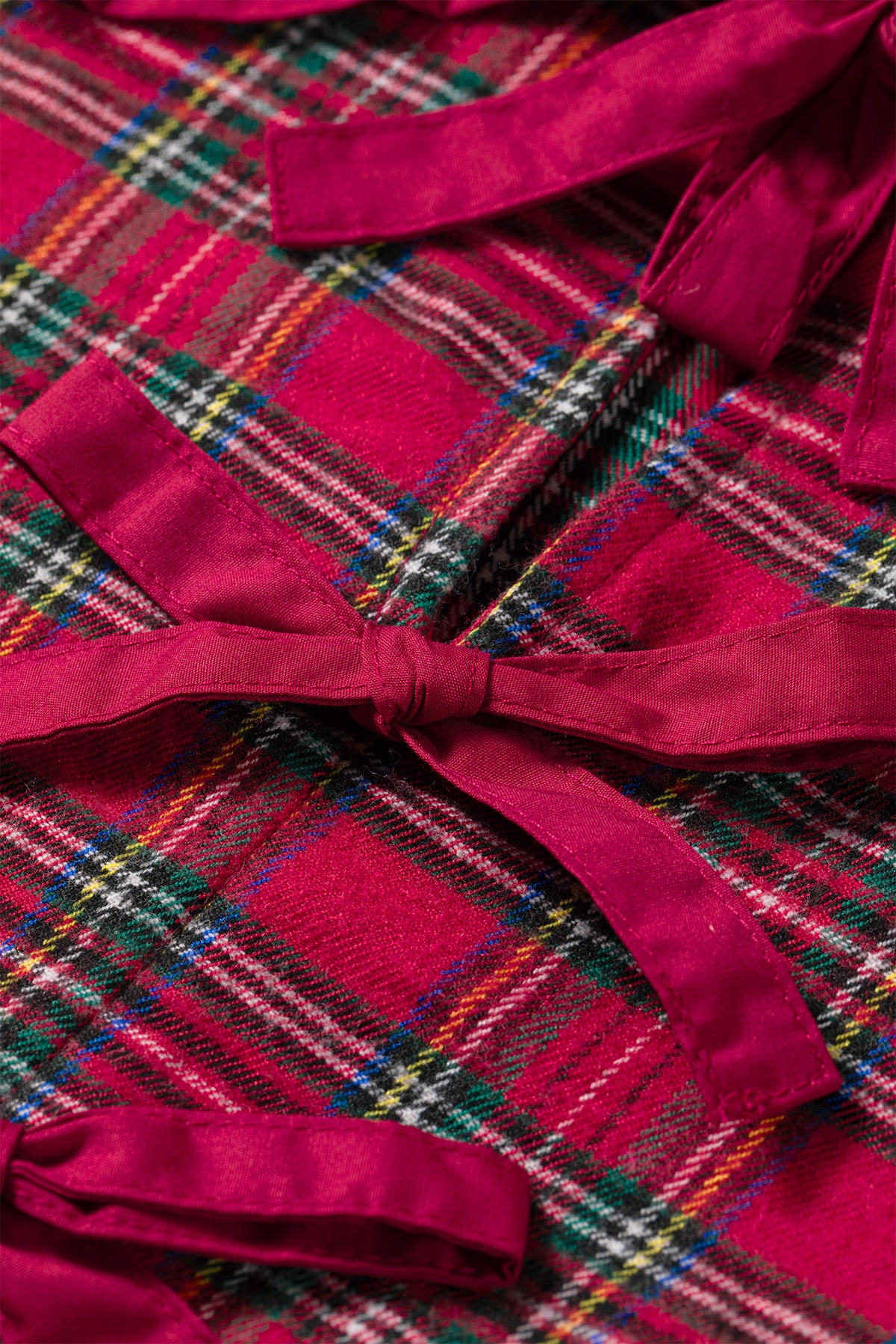 Red Plaid Tie Neck Ruffle Cuffs Shift Blouse
