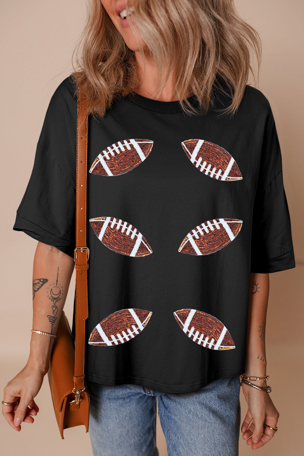 Black Sequin Rugby Football Patched Crewneck Loose T-Shirt