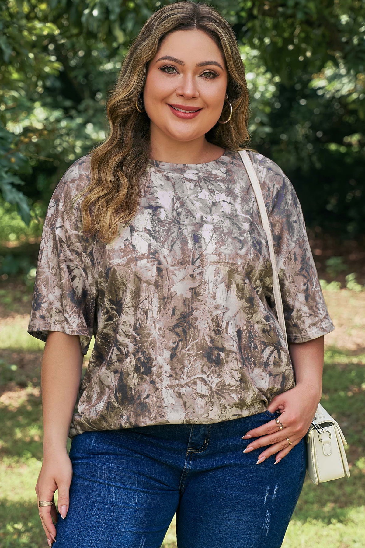 Khaki Plus Size Woodland Camouflage Print T-Shirt
