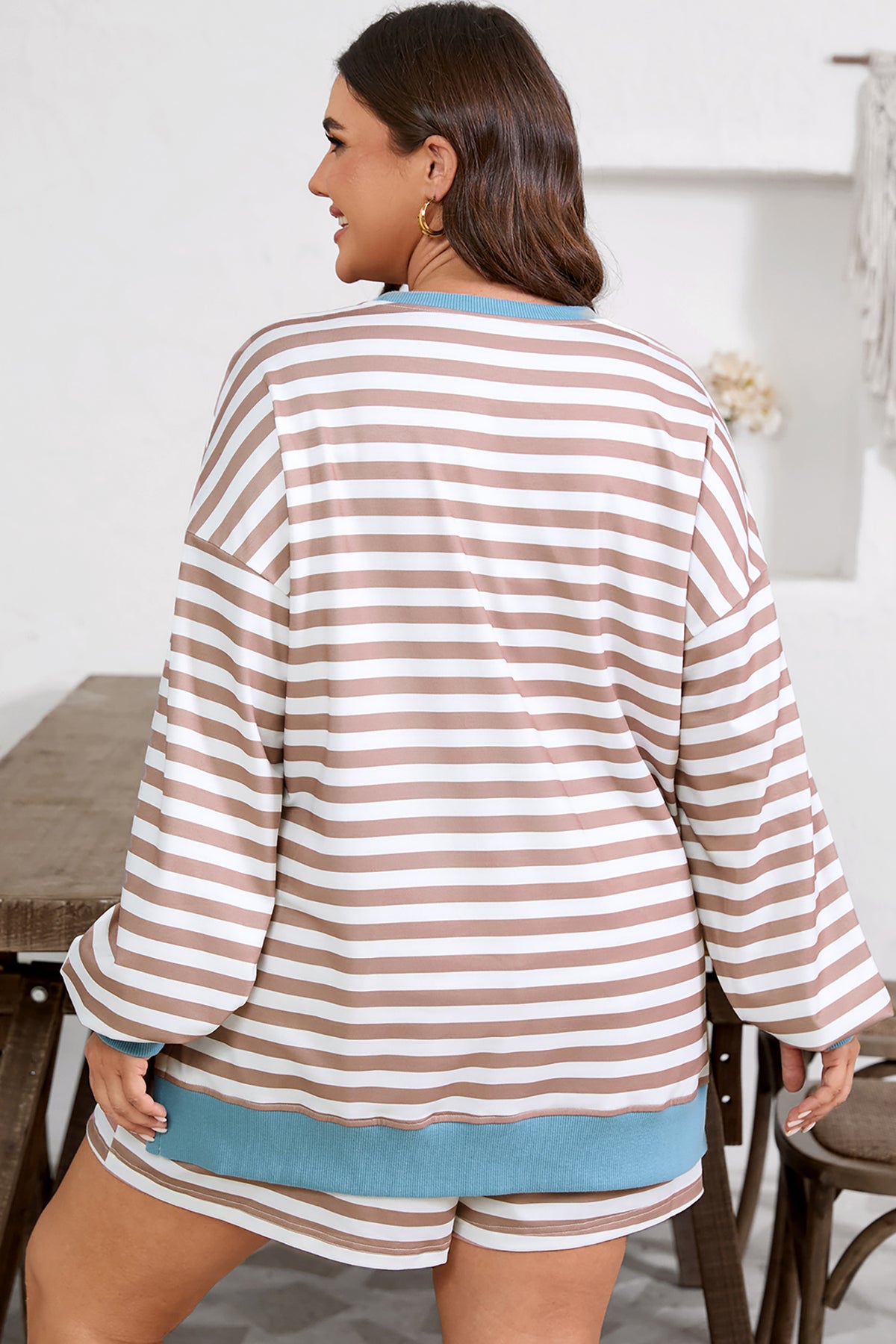 Khaki Stripe Contrast Edge Drop-Shoulder Pullover and Shorts Plus Size Set