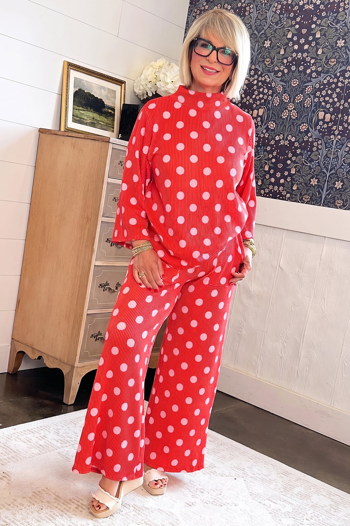 Red Polka Dot Ribbed Knit Mock Neck Pullover Pants Two Piece Set