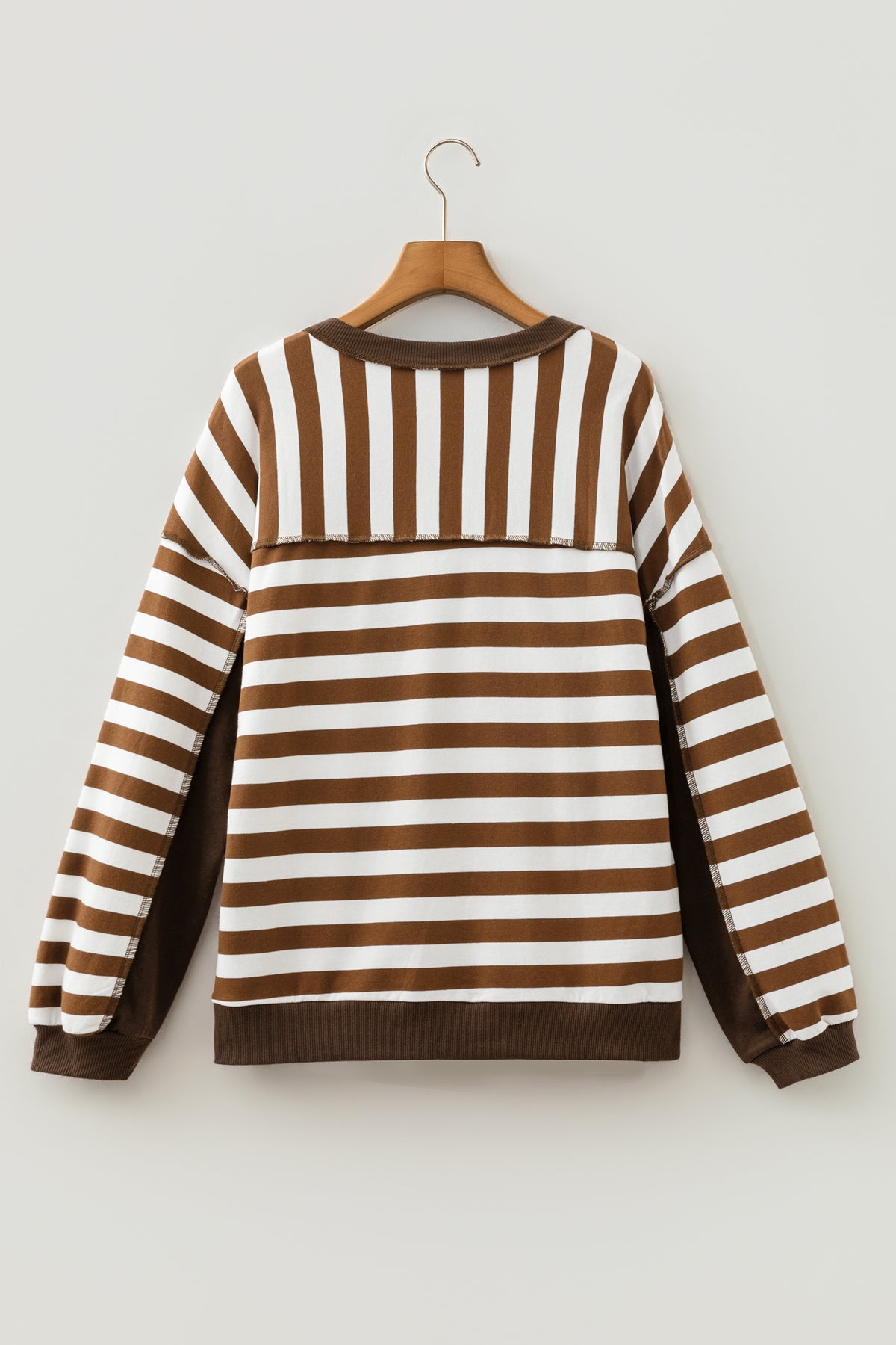 Brown Stripe Exposed Seam Color Block Button Placket Sweatshirt