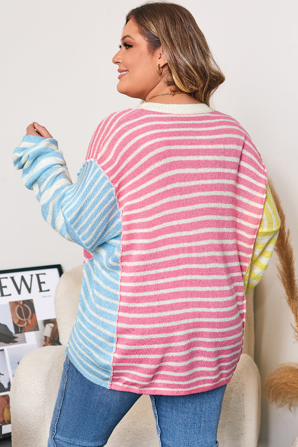 Multicolour Striped Exposed Seam Color-Block Patchwork Plus Size Sweater