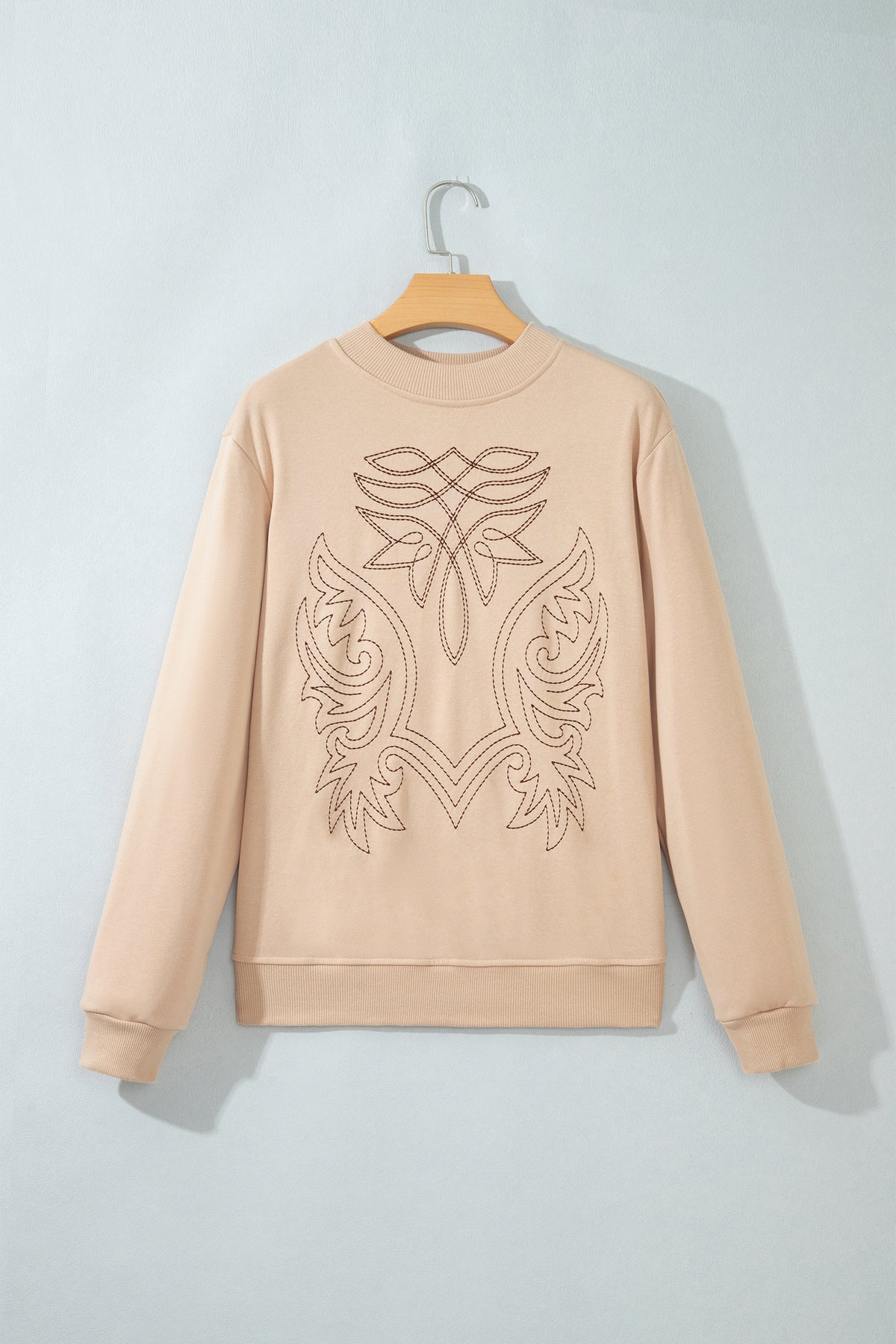Light French Beige Western Embroidery Round Neck Sweatshirt