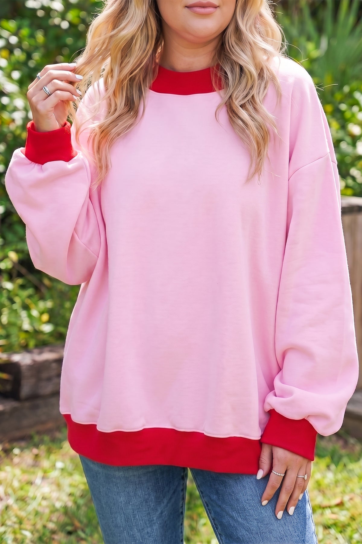 Grapefruit Orange Color Block Contrast Trim Plus Size Sweatshirt