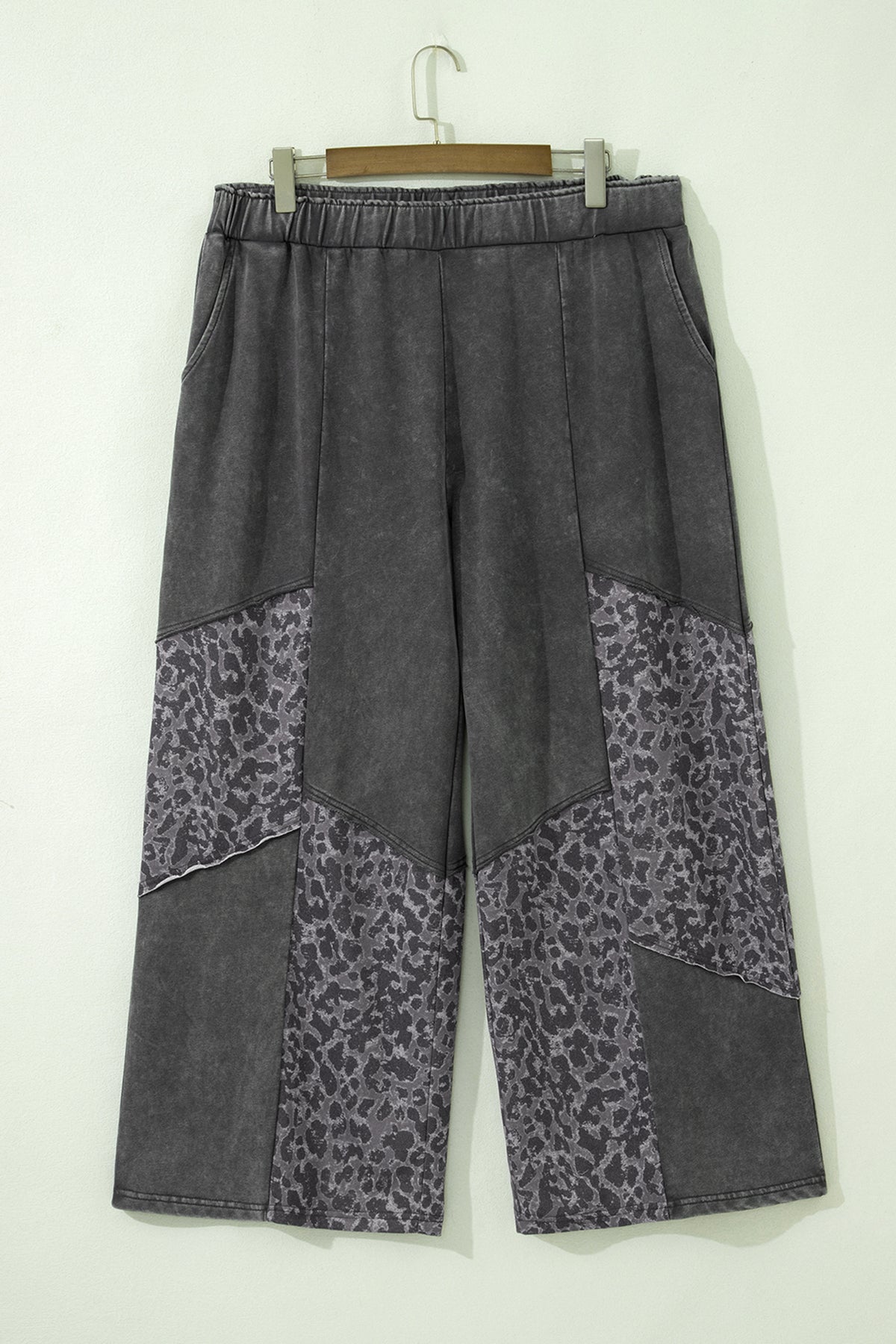 Dark Grey Plus Size Leopard Patchwork Mineral-Wash Wide-Leg Pants