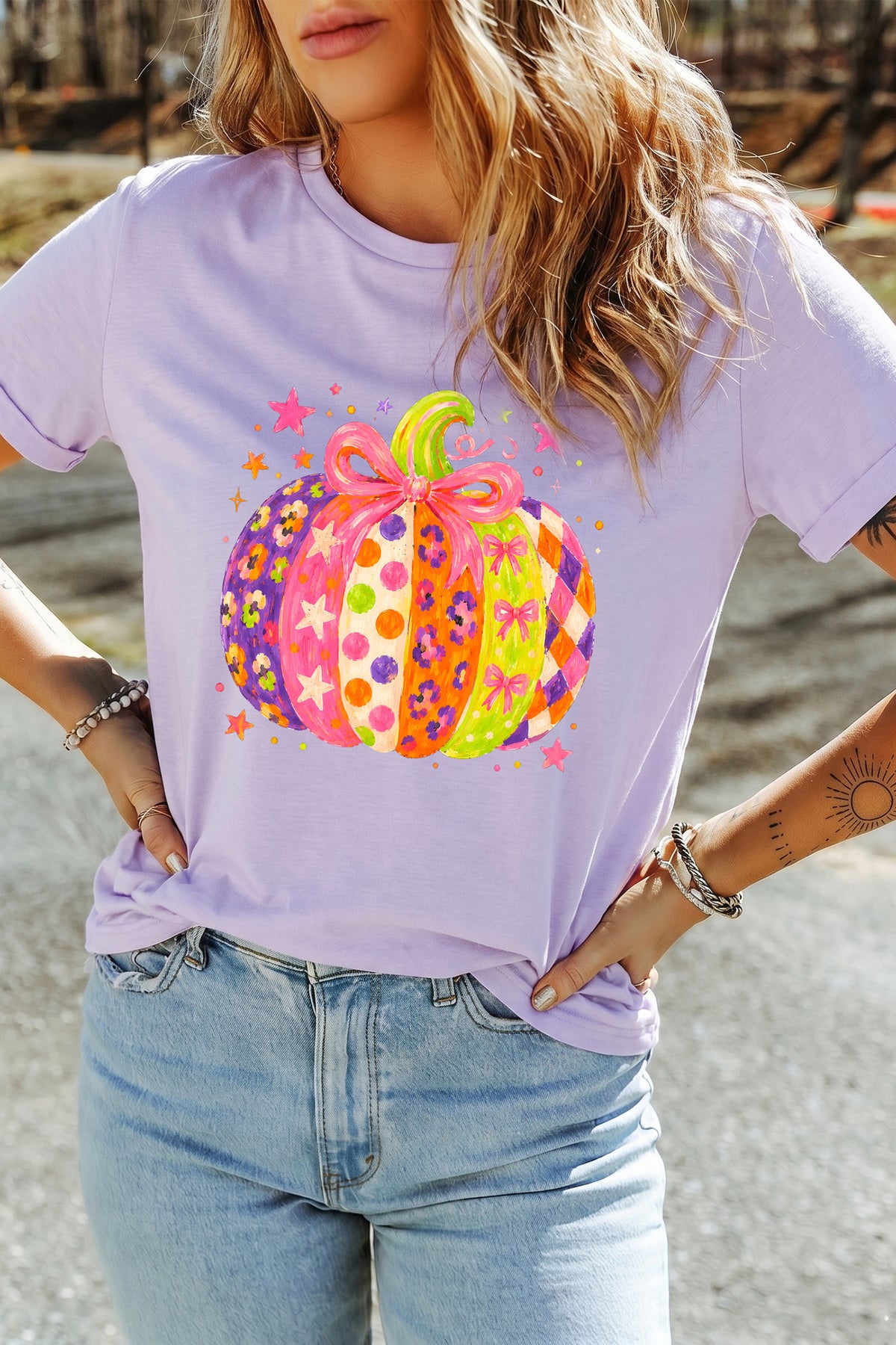 Orchid Petal Playful Pumpkin Printed Graphic T-Shirt