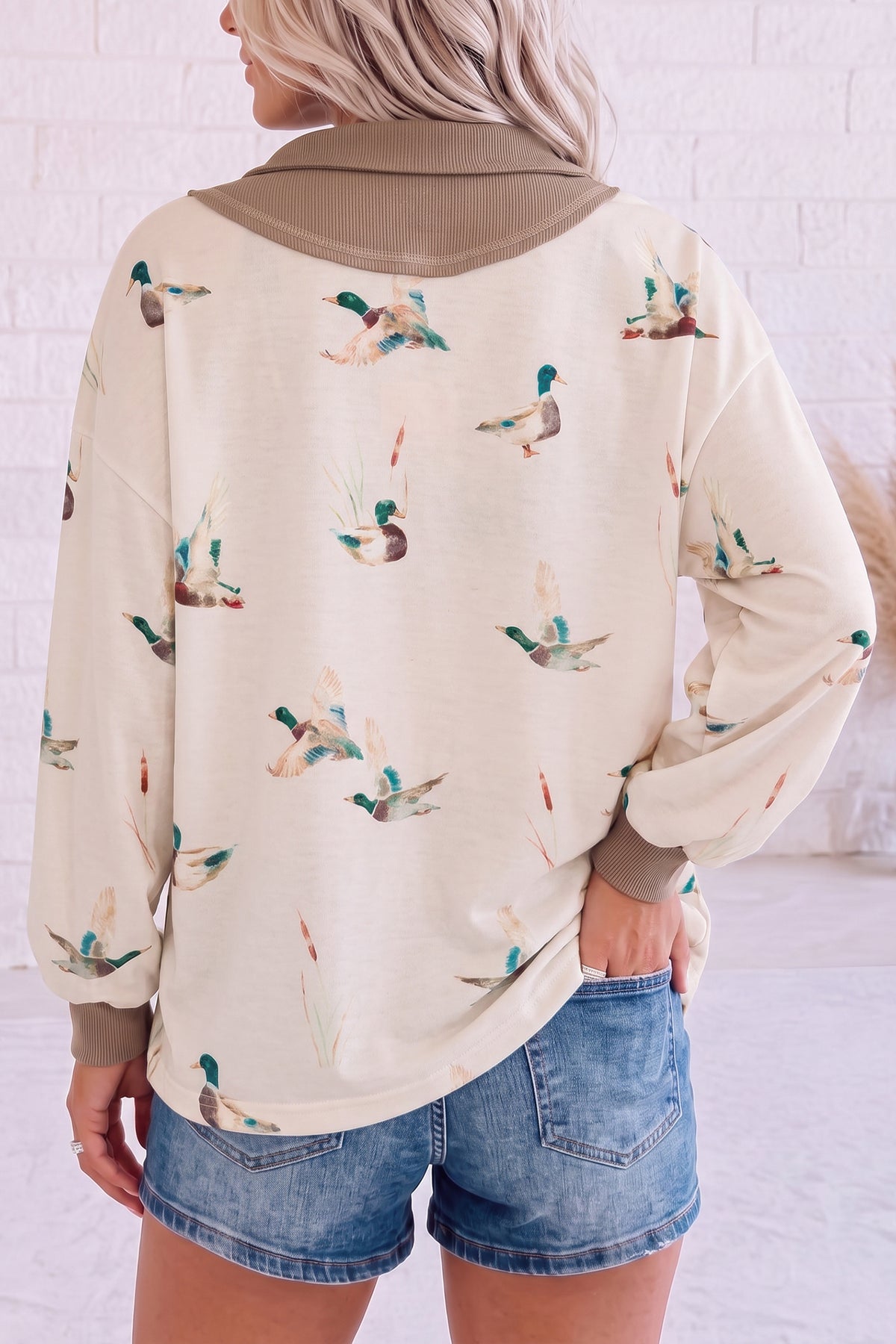 Beige Wild Mallard Print Color Block Zip Neck Tunic Top