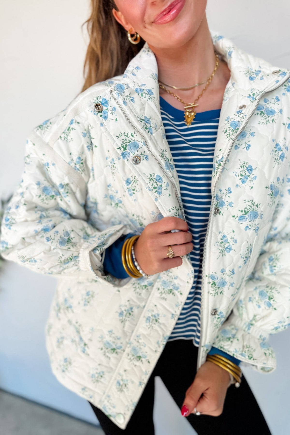 Sky Blue Floral Quilted Flounce Sleeve Puffer Coat