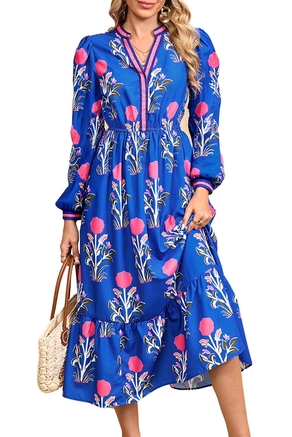 Blue Floral Print Striped Split Neck Long Sleeve Ruffle Hem Midi Dress